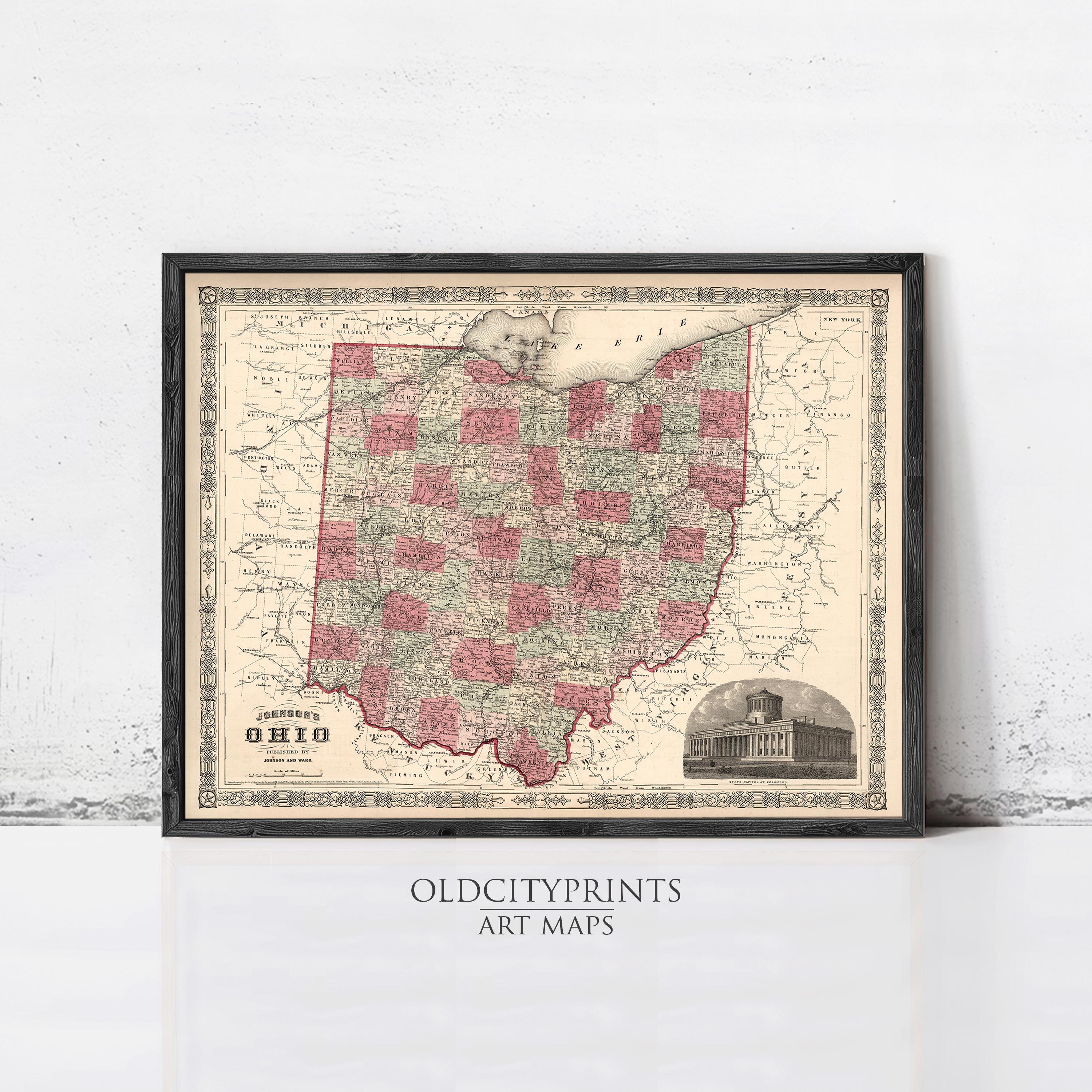 The image is a framed vintage map of Ohio, featuring a detailed and colorful depiction of the state's geography and surrounding areas.