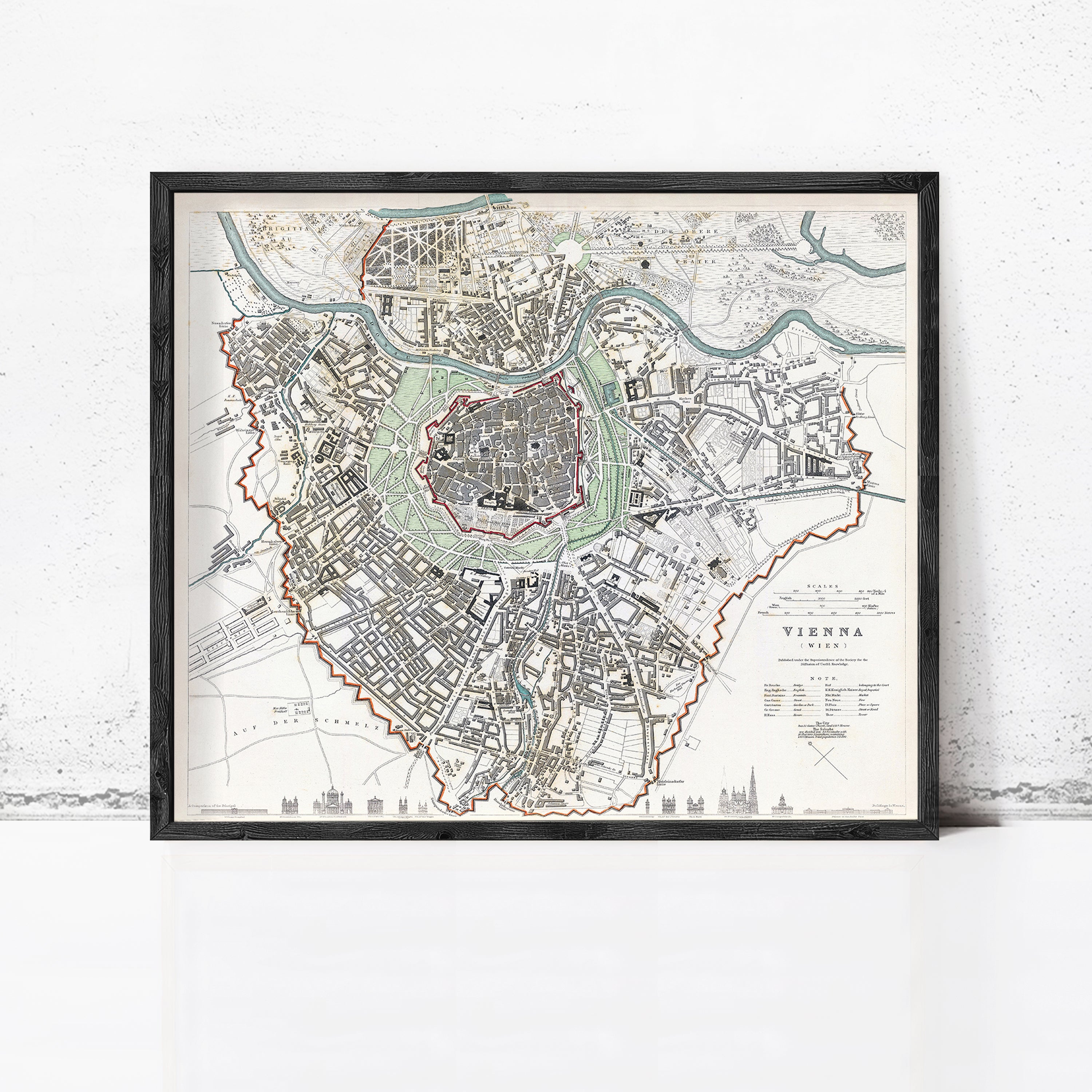 The image is a framed map of the city of Vienna, Austria, depicting the city's layout and surrounding areas.