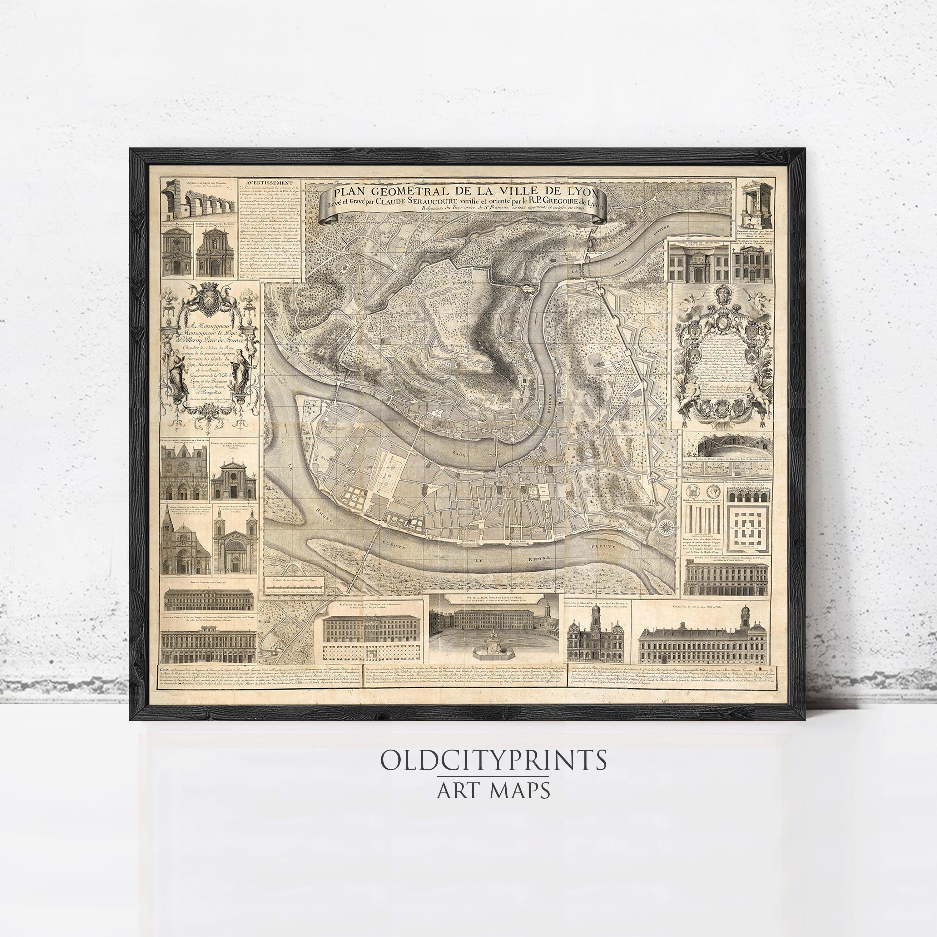 The image is a framed antique map of a city, depicting various landmarks and buildings.