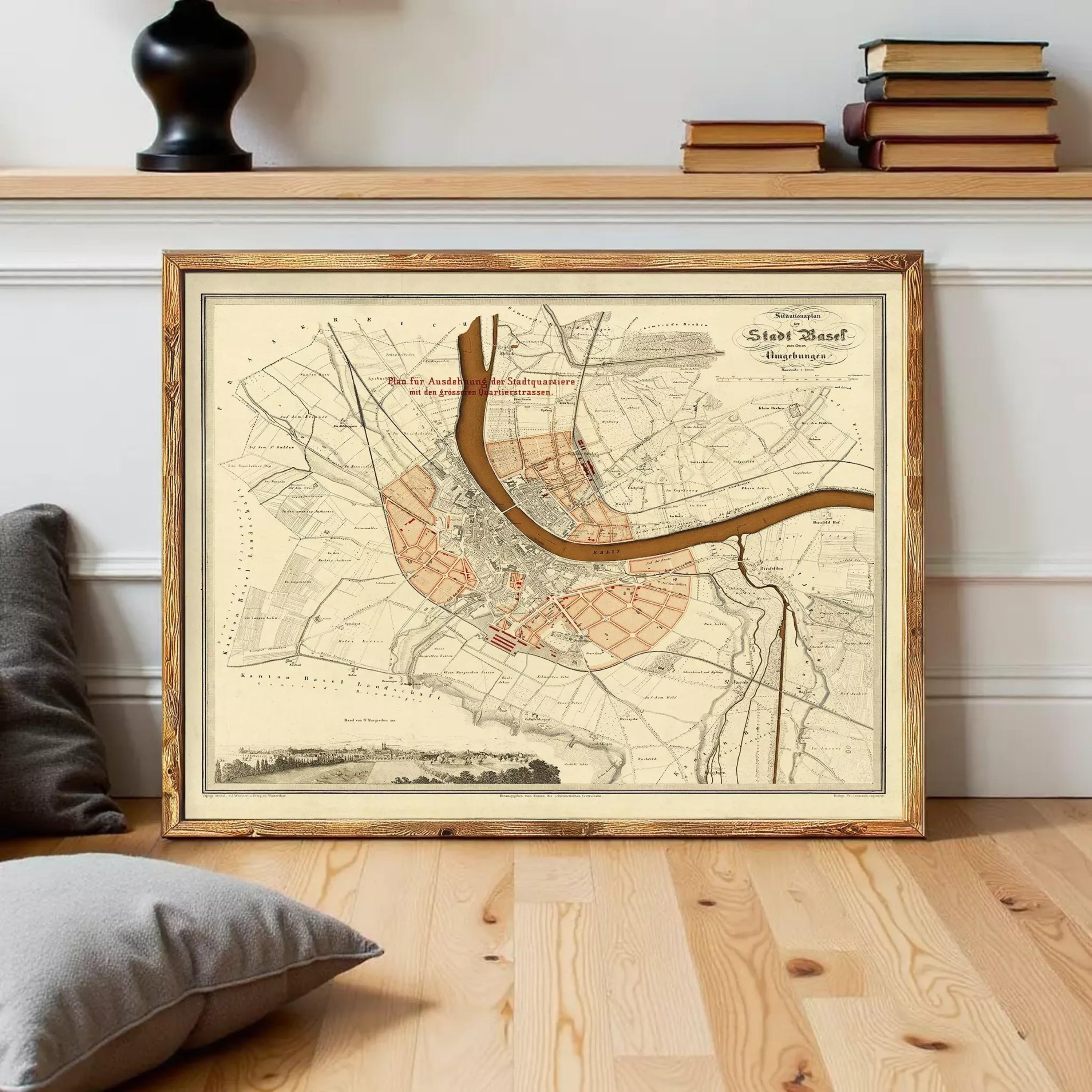 The image is a framed map of a city, likely Stuttgart, Germany, with various streets and landmarks depicted.