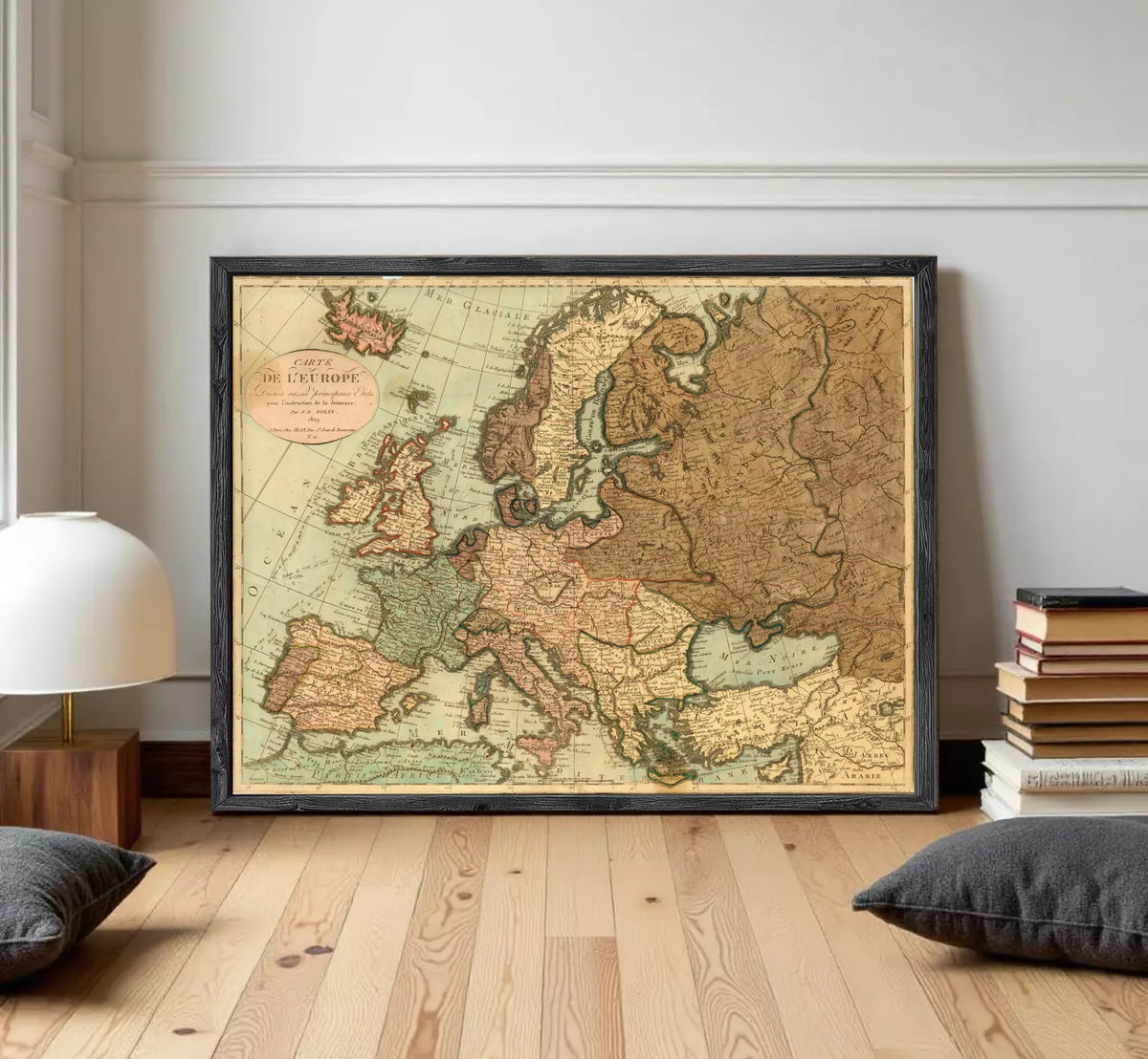 The image is a framed vintage map of Europe, depicting the continent and surrounding seas.