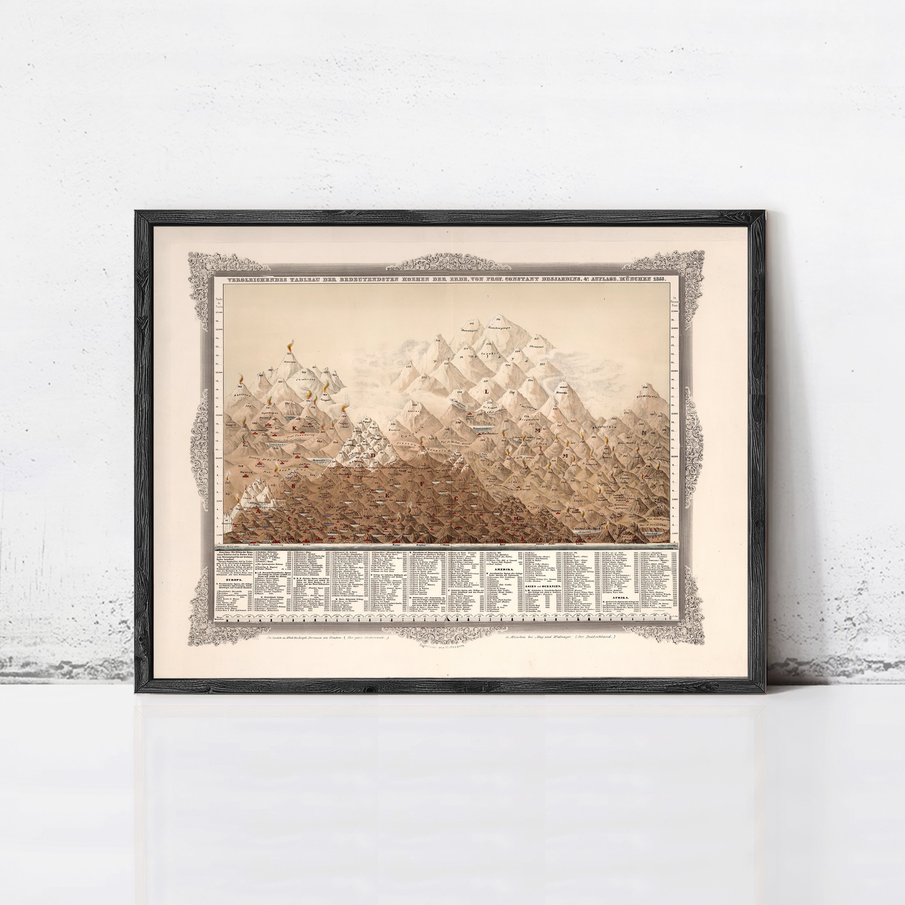 The image is a framed vintage map depicting a mountainous landscape with various peaks and valleys.