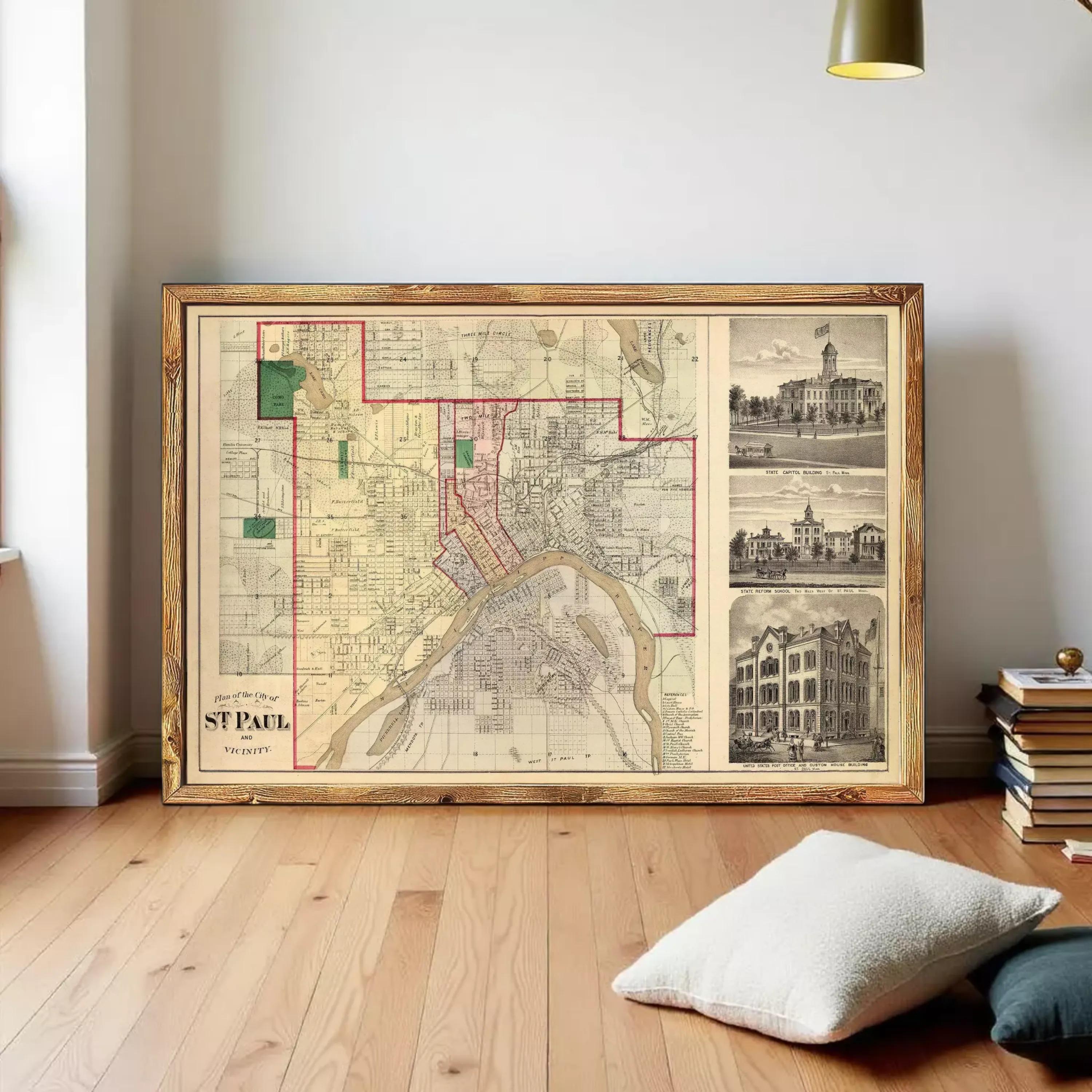 a large framed map of St. Paul, Minnesota, with a collage of smaller images depicting buildings and landmarks in the city.