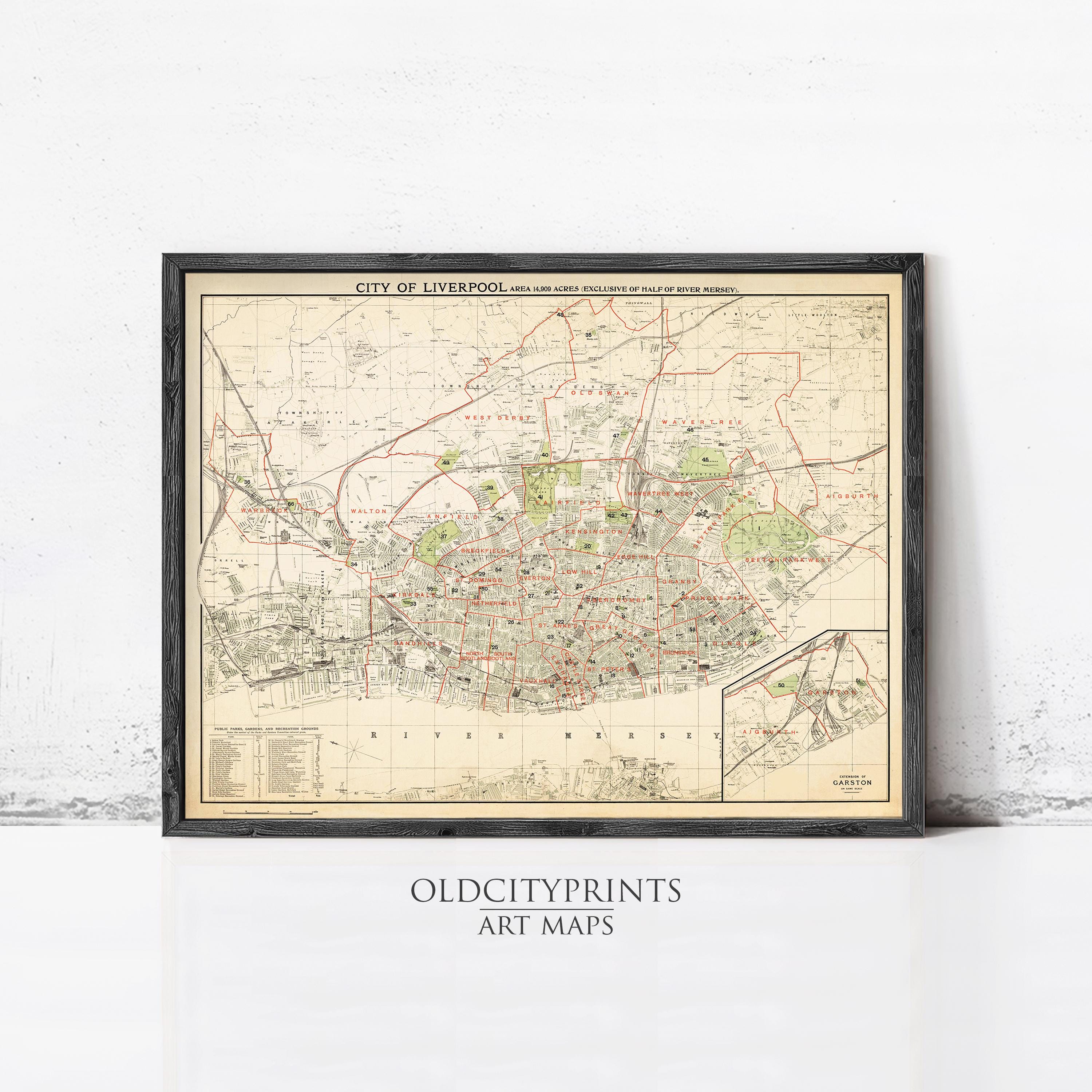 The image is a framed vintage map of Liverpool, England, depicting the city's streets and landmarks.