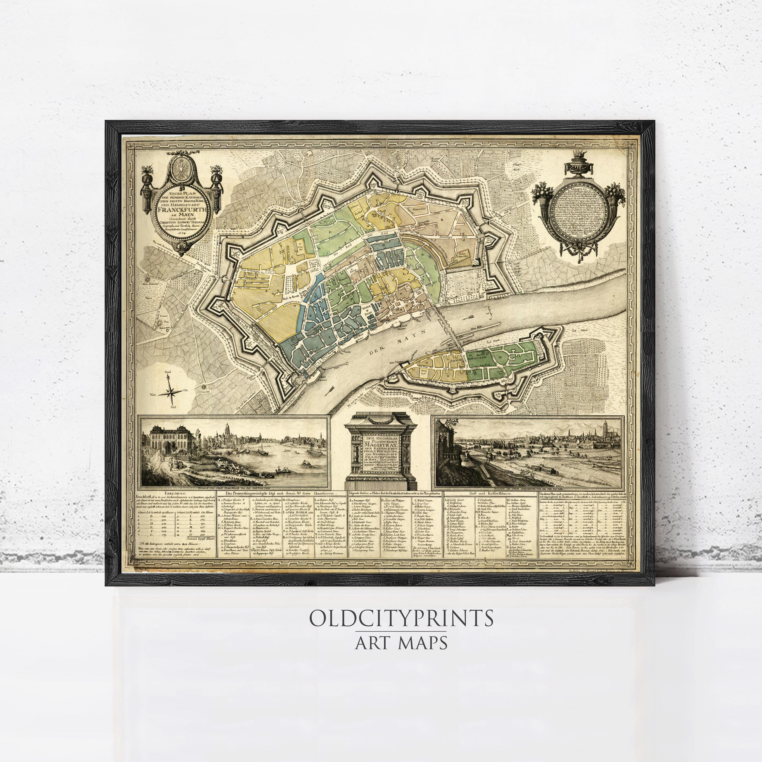 The image is a framed antique map of a city, depicting the layout of the city and surrounding areas.