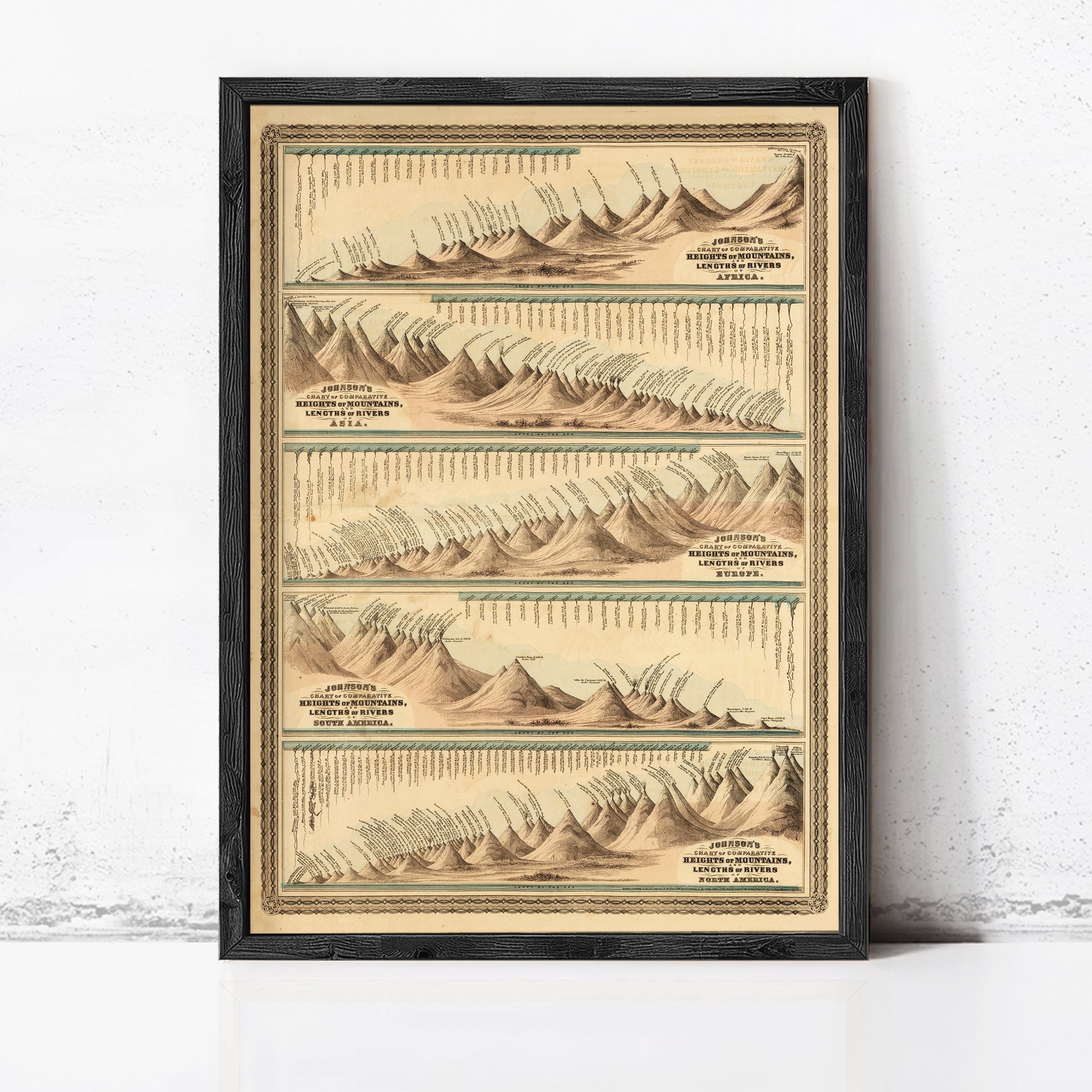 The image is a framed vintage map depicting various geographical features, including mountains, rivers, and coastlines.