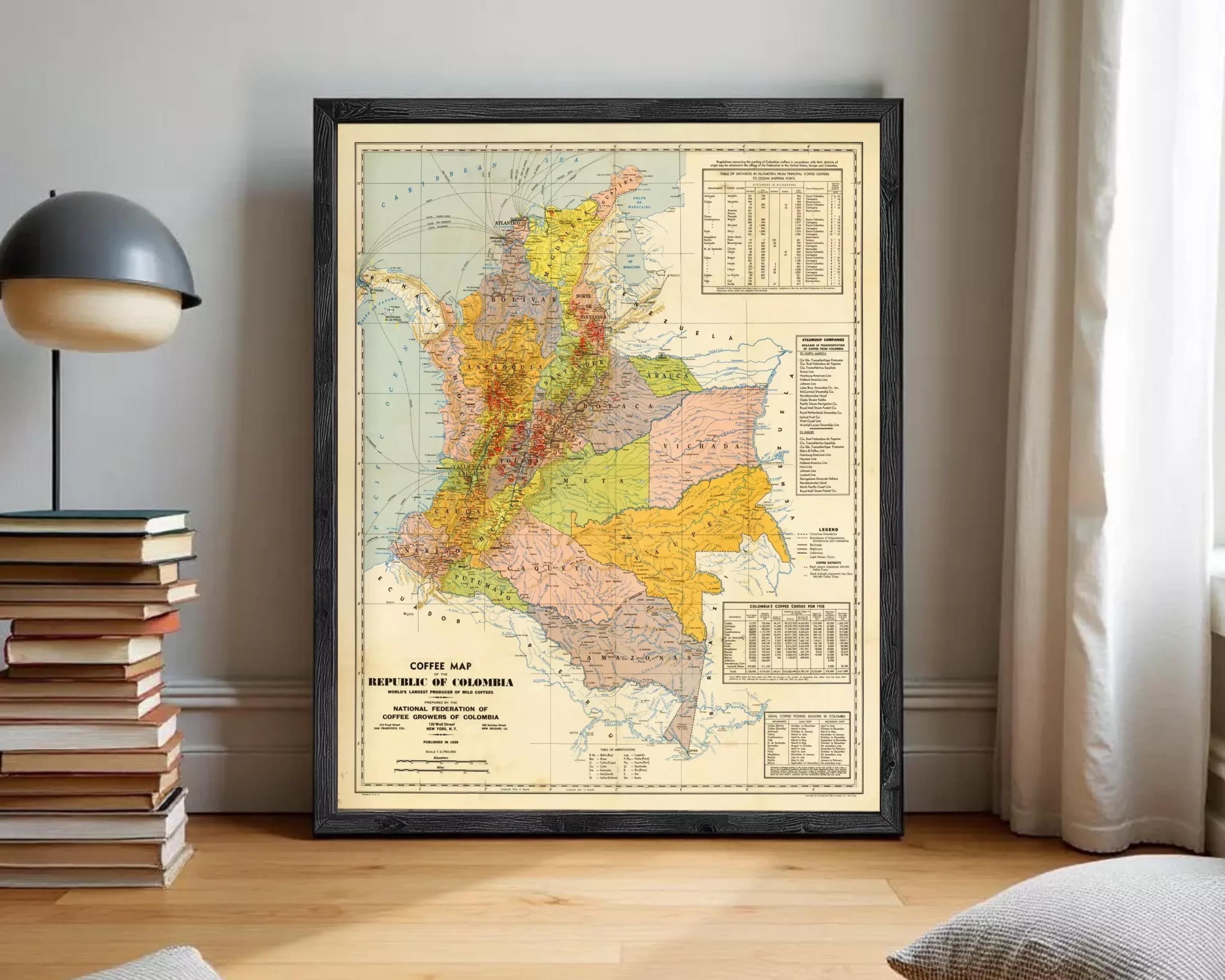 The image is a framed vintage map of the Republic of Colombia, depicting the country's geographical layout and boundaries.