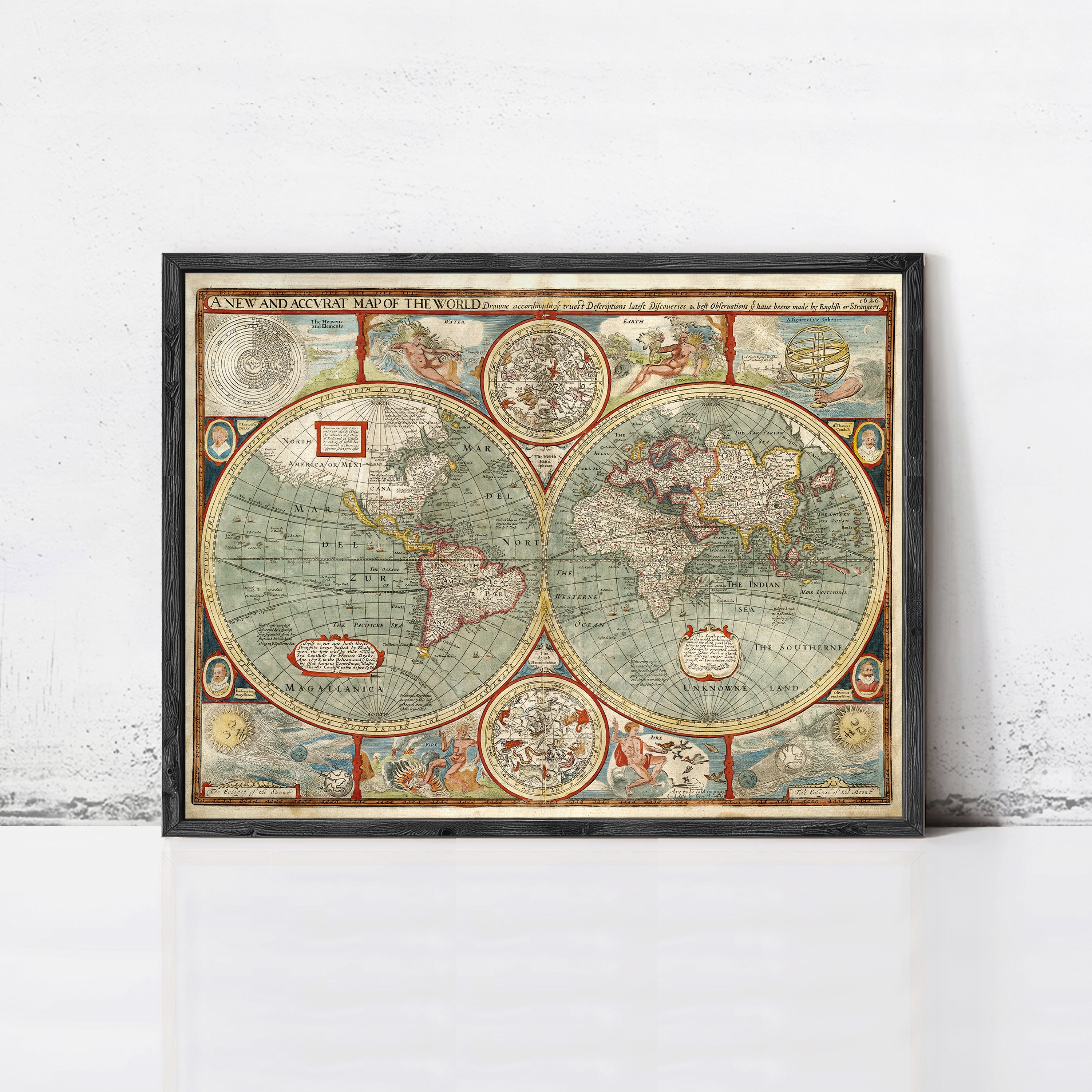 The image is a framed vintage map of the world, featuring intricate details and illustrations.