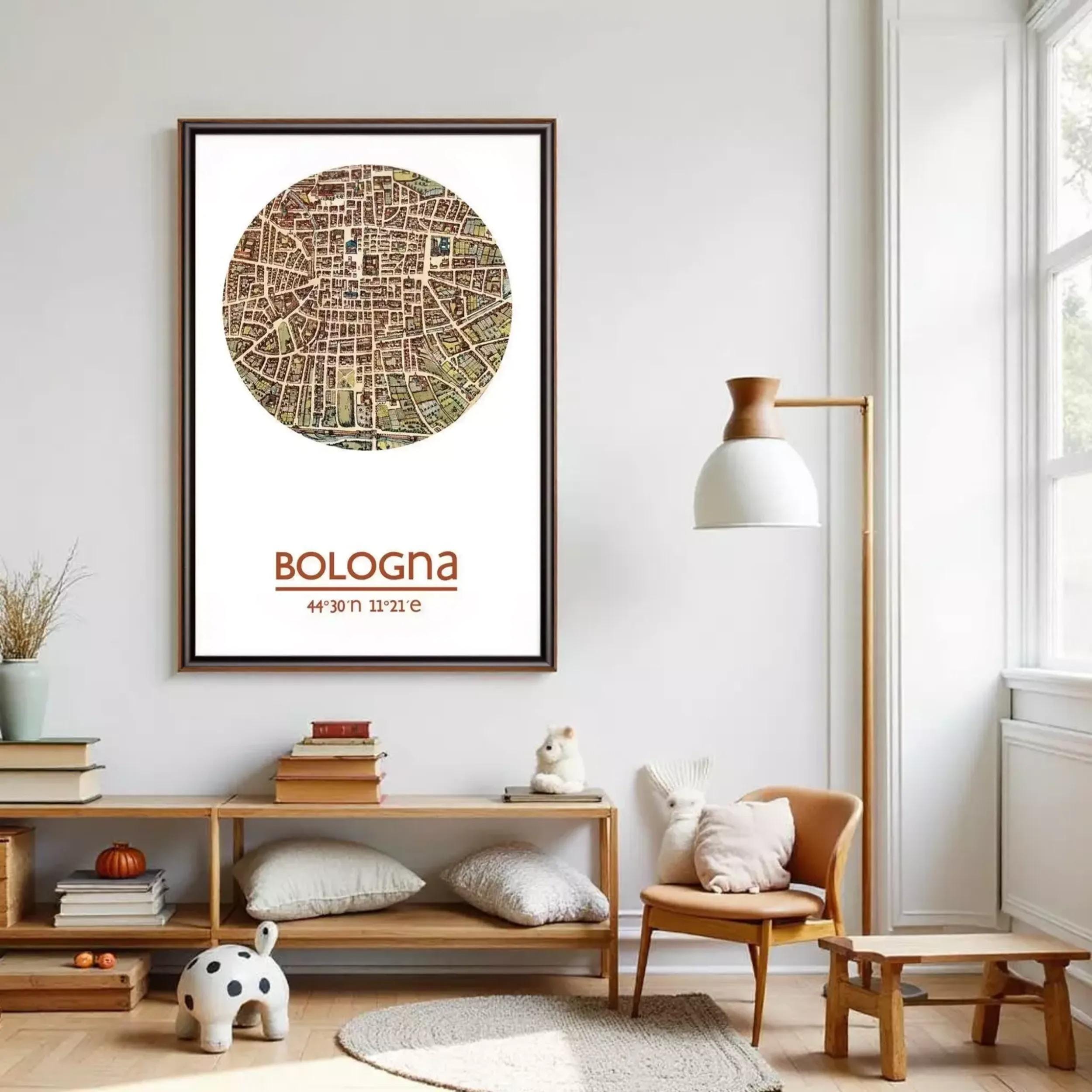 a living room with a large framed map of Bologna hanging on the wall. The room has a wooden floor, a wooden bookshelf, a wooden chair, and a lamp. There are also some decorative items, such as a stuffed animal, a vase, and a stack of books.