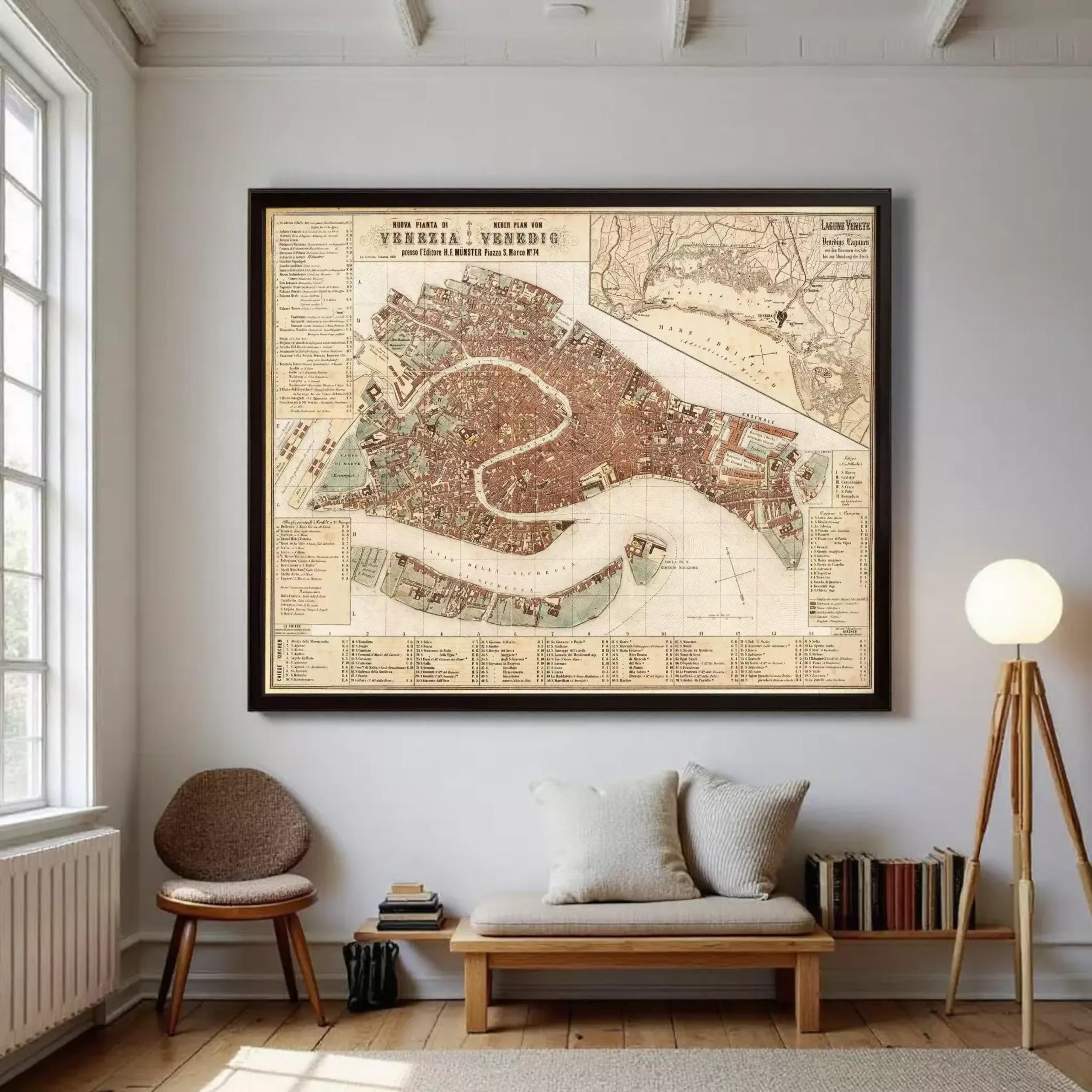 The image is a framed vintage map of Venice, Italy, depicting the city's layout and surrounding areas.