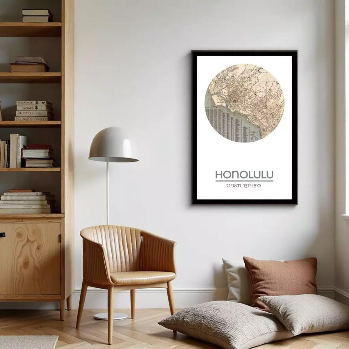 A framed map of Honolulu, Hawaii, with the city's location and date of issue printed on it.