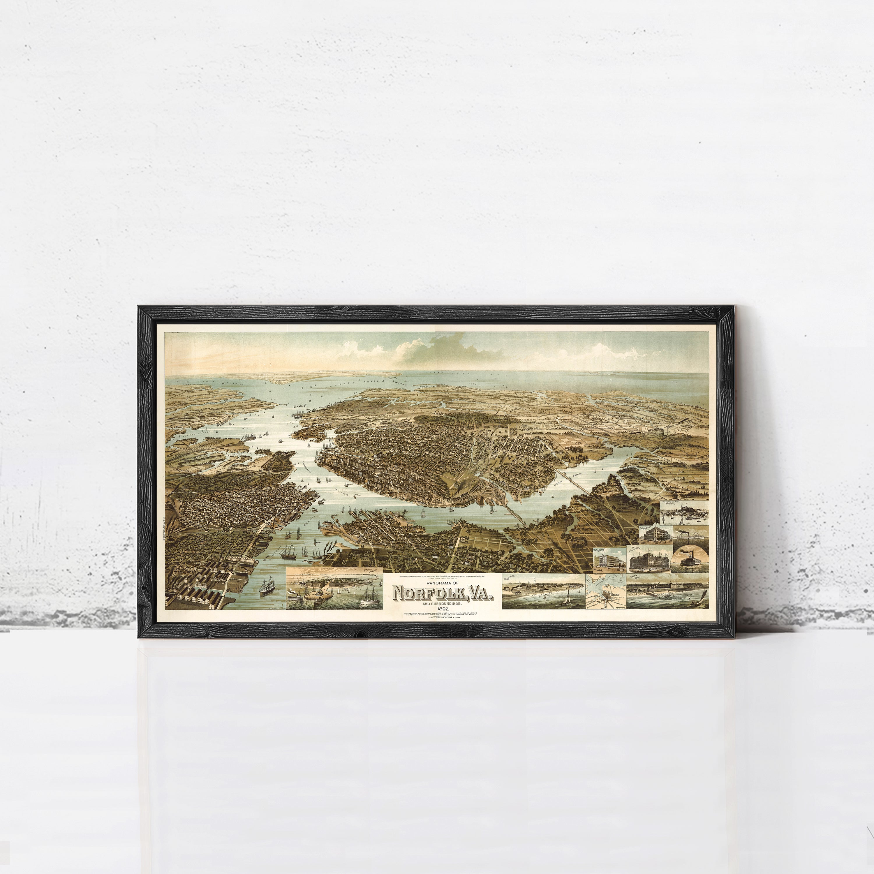 The image is a framed vintage map of Norfolk, Virginia, depicting the city's layout and surrounding areas.