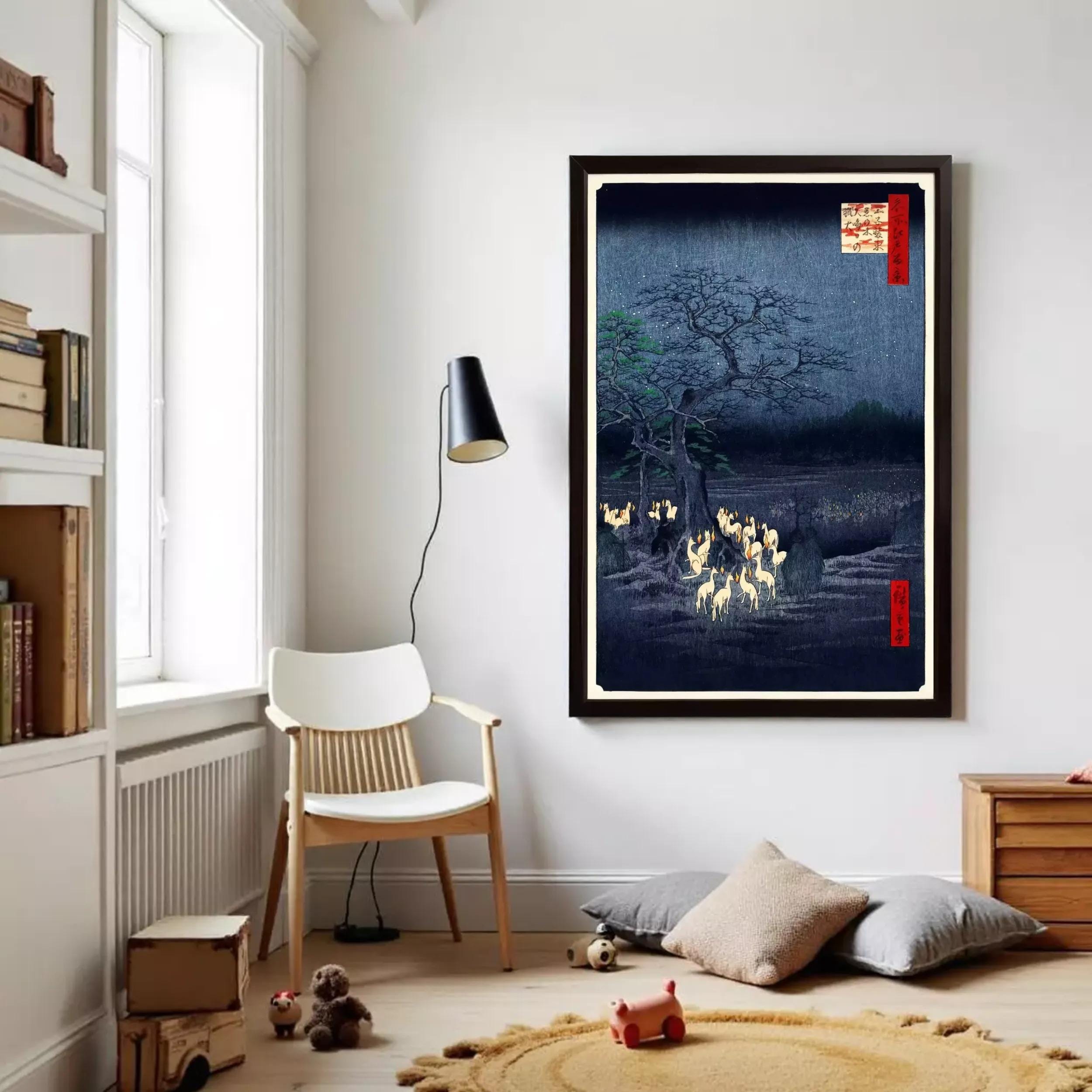 a cozy living room with a large framed artwork of a nighttime landscape featuring a tree and glowing figures, hanging on the wall. The room is furnished with a white chair, a lamp, and a wooden dresser, creating a warm and inviting atmosphere.