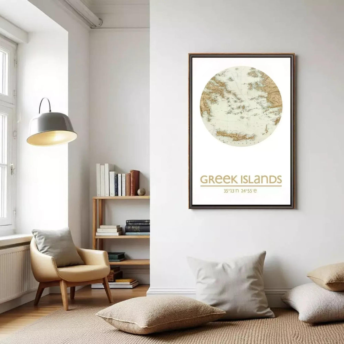 a cozy living room with a large framed map of Greek islands hanging on the wall. The room has a comfortable seating area with a chair and a bookshelf filled with books. The overall atmosphere of the room is warm and inviting, with a focus on the map and the bookshelf.