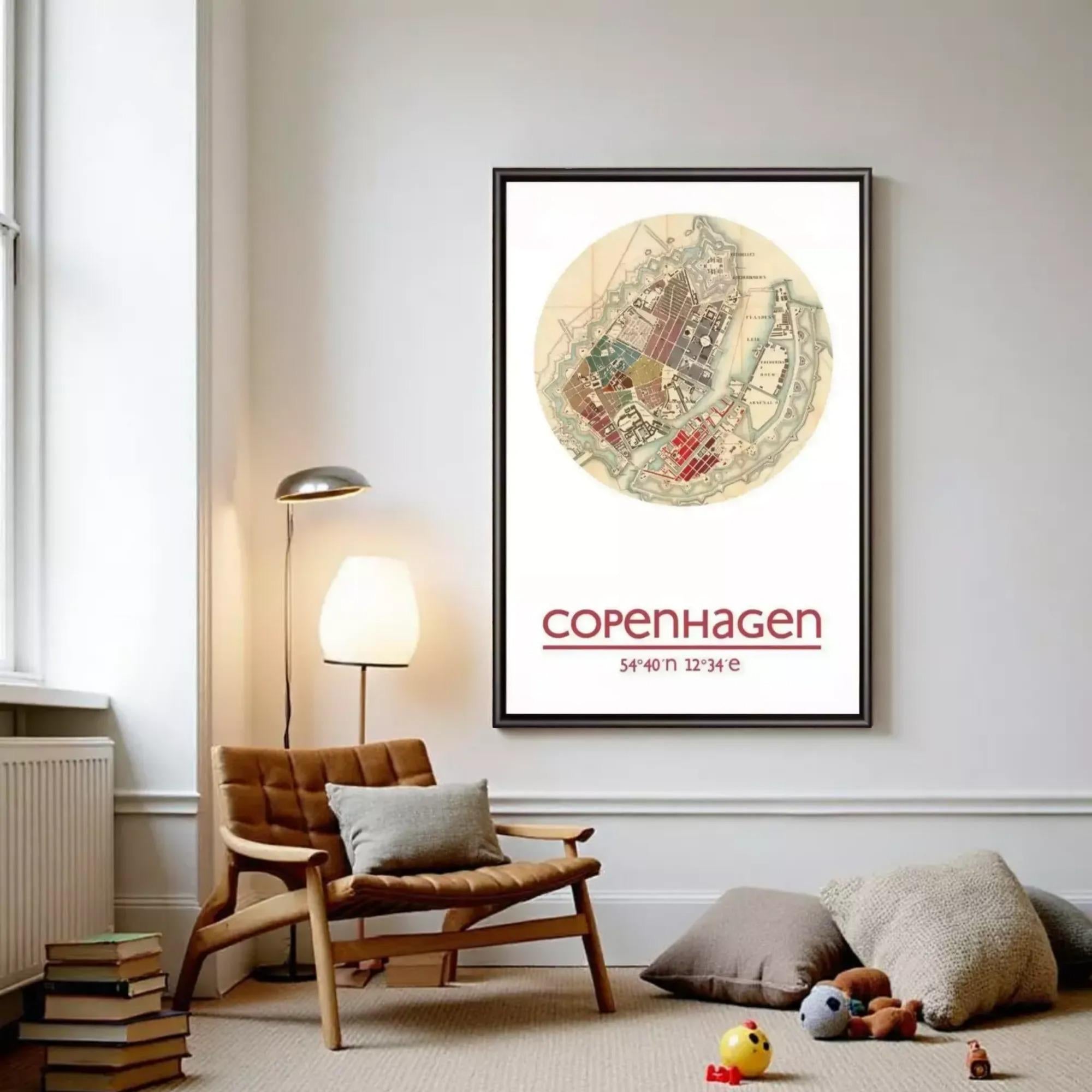 a cozy living room with a brown leather chair, a lamp, and a framed map of Copenhagen hanging on the wall.