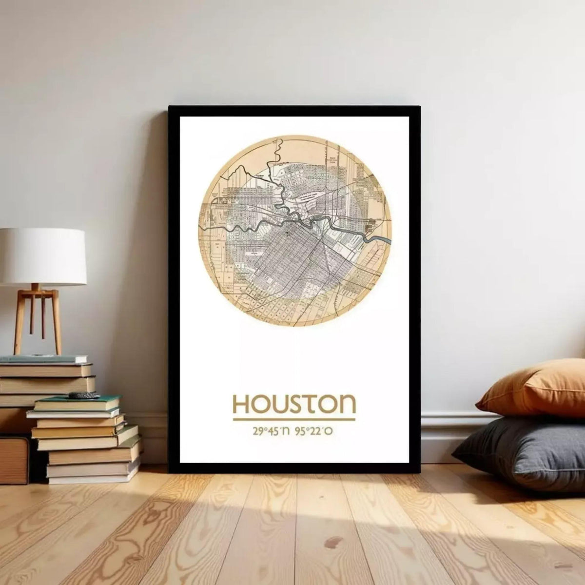 A framed map of Houston, Texas, with the city's name and location displayed prominently.