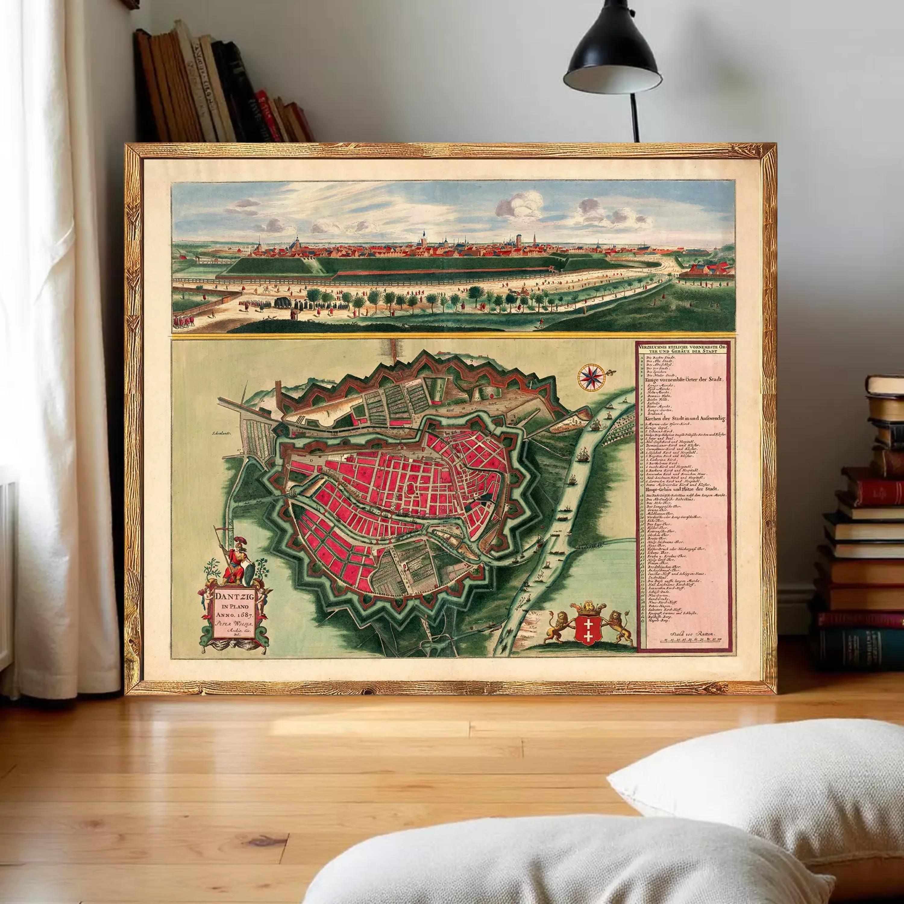 The image is a framed vintage map of a city, depicting a detailed layout of the city's streets, buildings, and surrounding landscape.