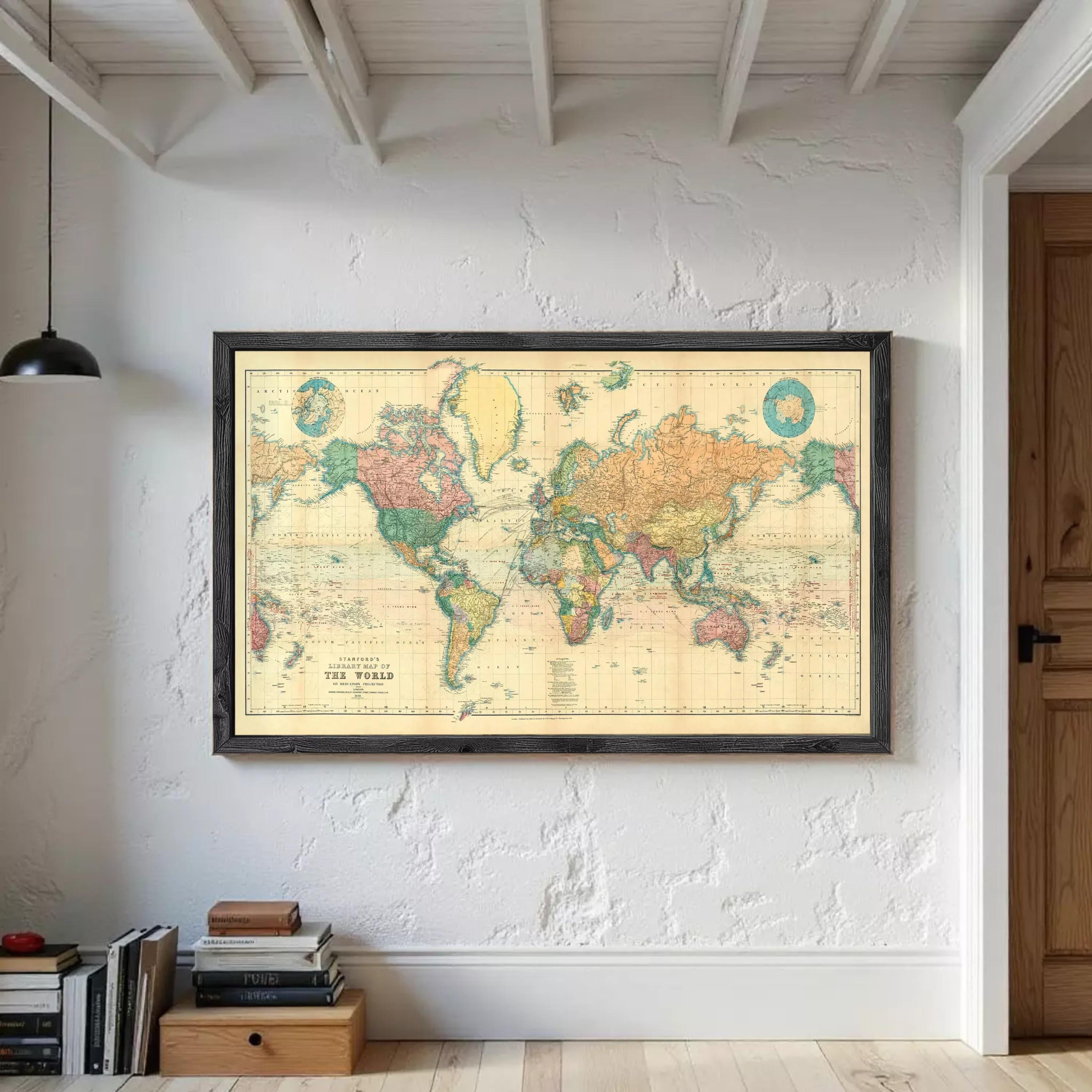 The image is a framed vintage world map depicting the continents and oceans in a color palette of green, yellow, and orange.