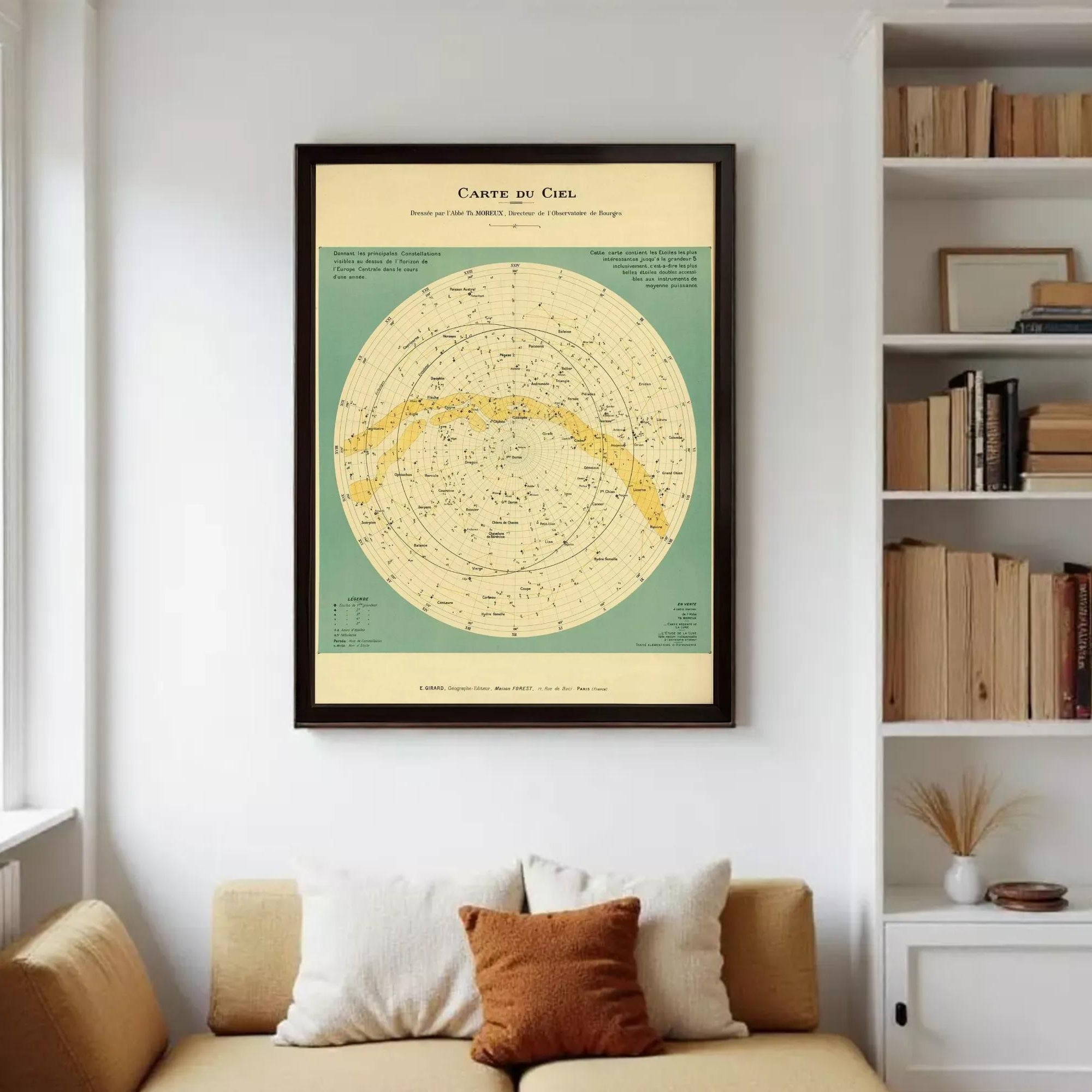 The image is a framed vintage star map of the night sky, depicting various celestial objects and their relative positions.