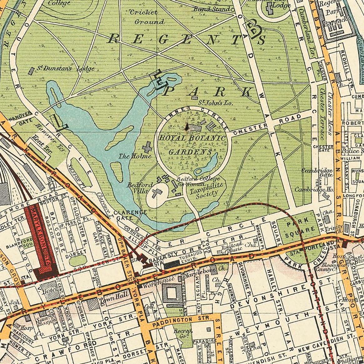The image is a detailed map of a city, showing streets, landmarks, and various points of interest.