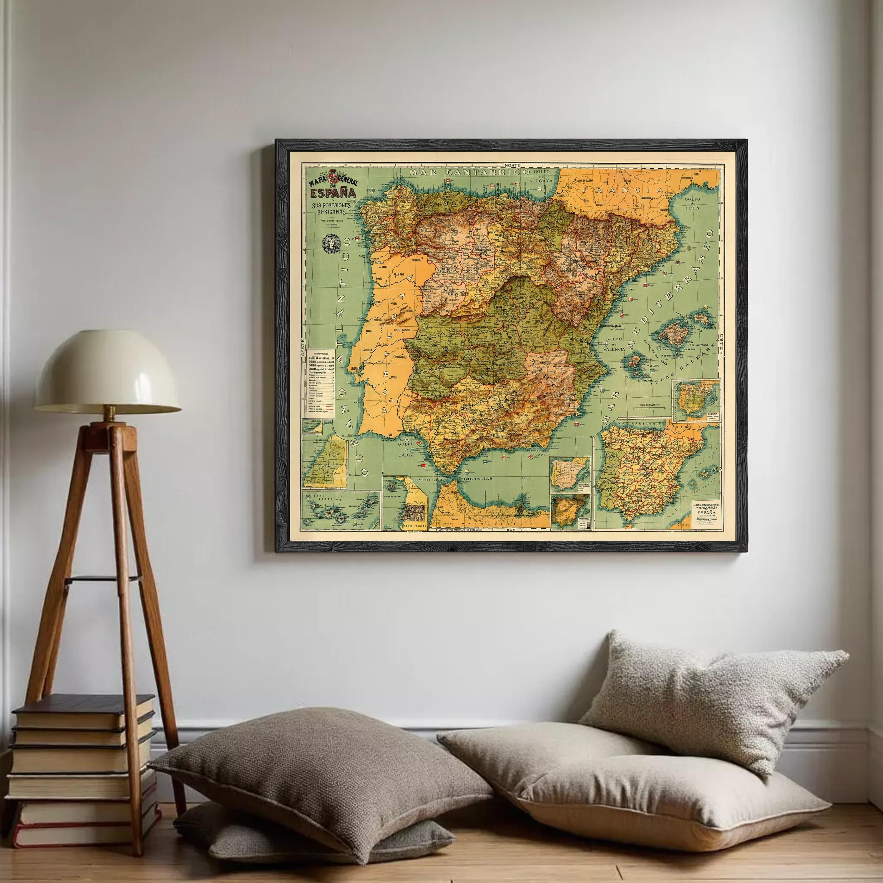 The image is a framed vintage map of Spain, showing the country's geographical layout and surrounding areas.