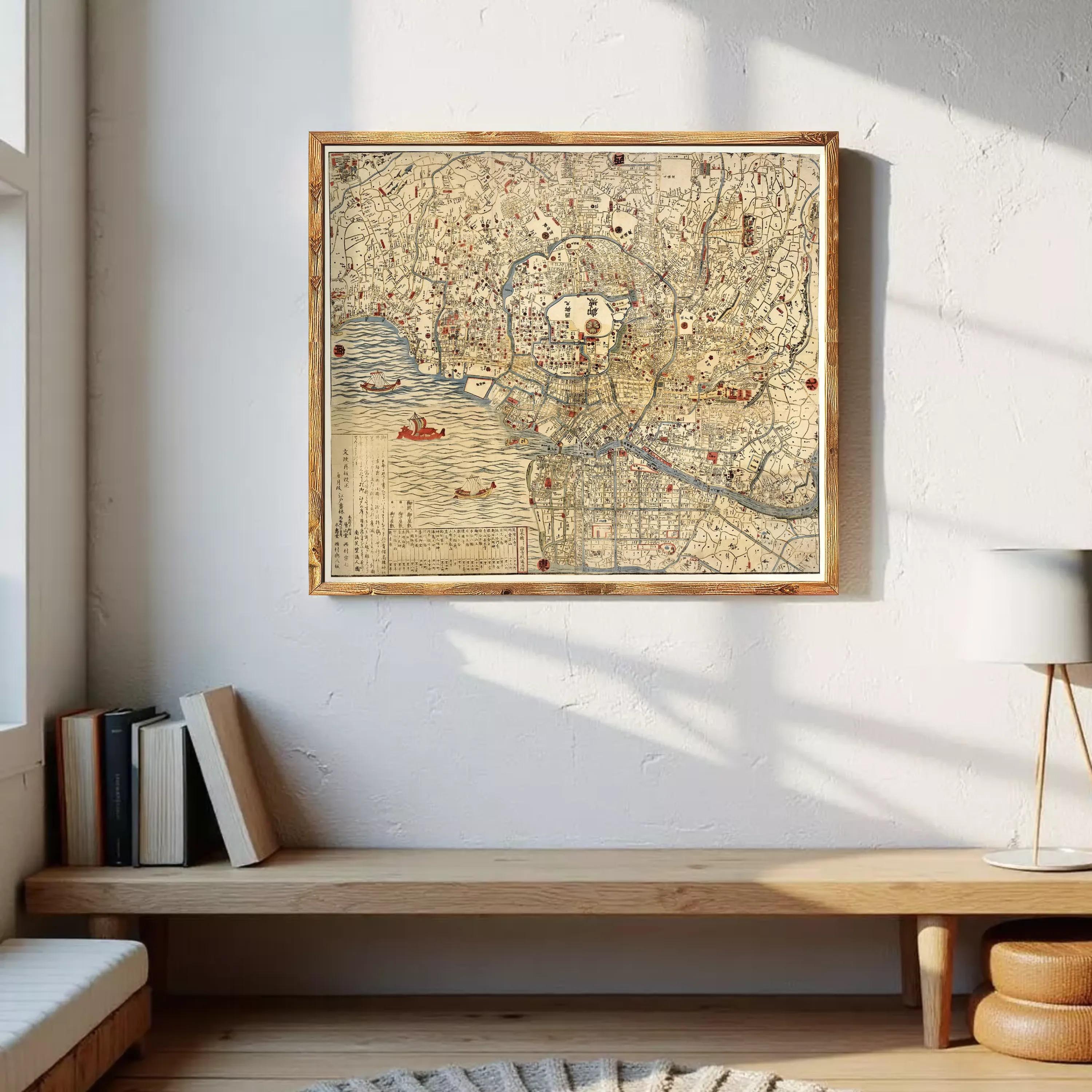 a large, framed map of a city hanging on a wall in a room with a wooden bench and a lamp.