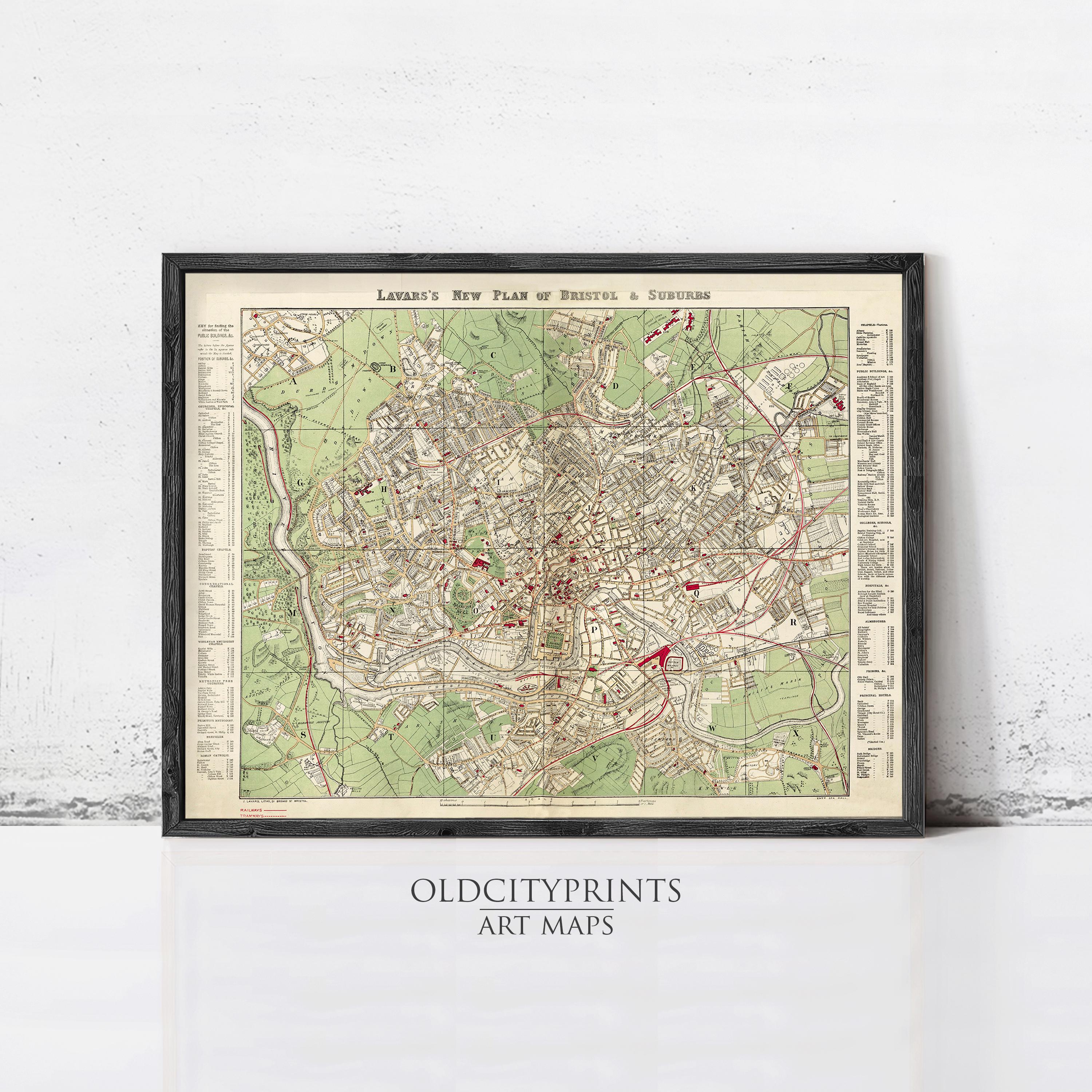The image is a framed vintage map of London, England, with a black border and a green and red color scheme.