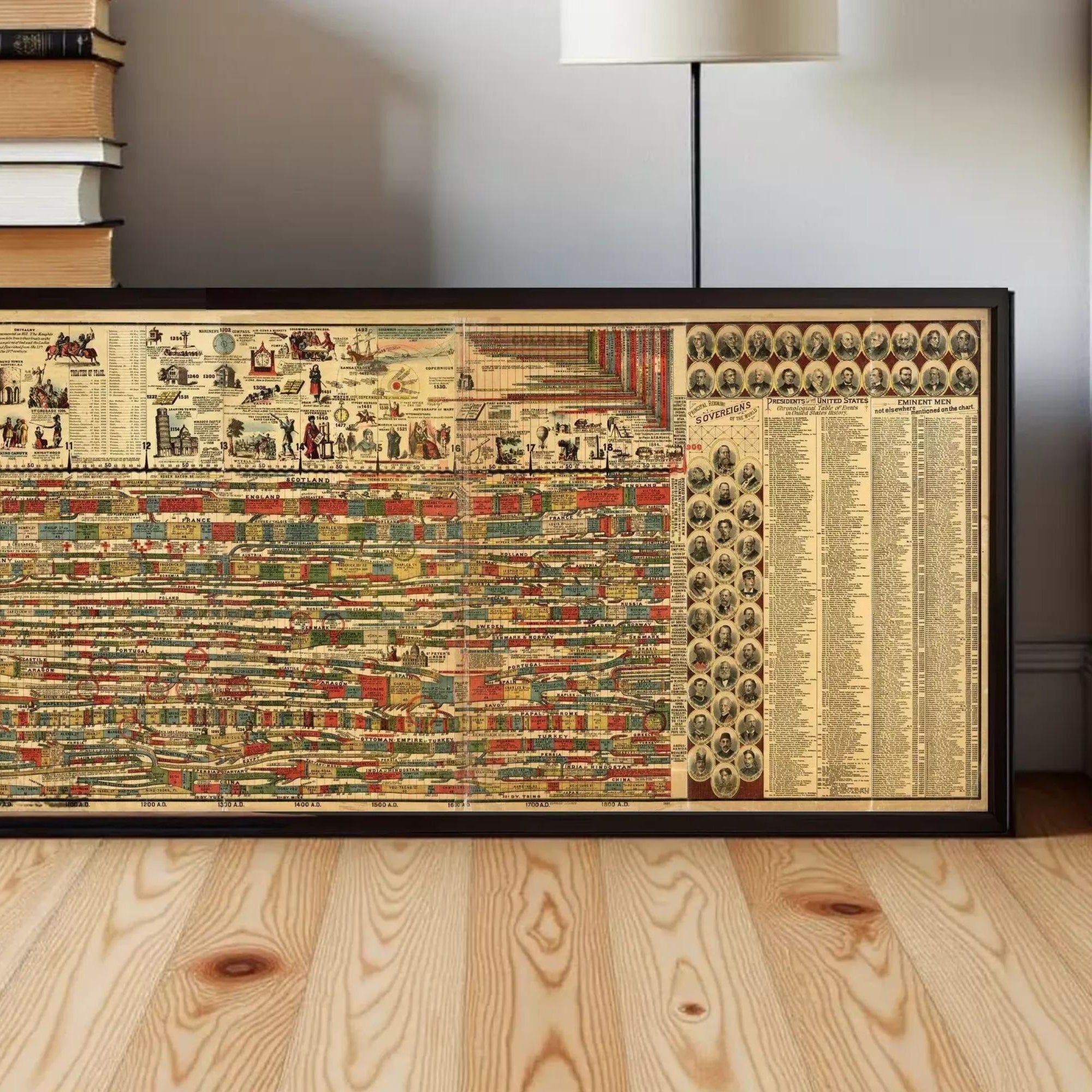 a large, colorful, and detailed map of the world displayed on a wooden floor.
