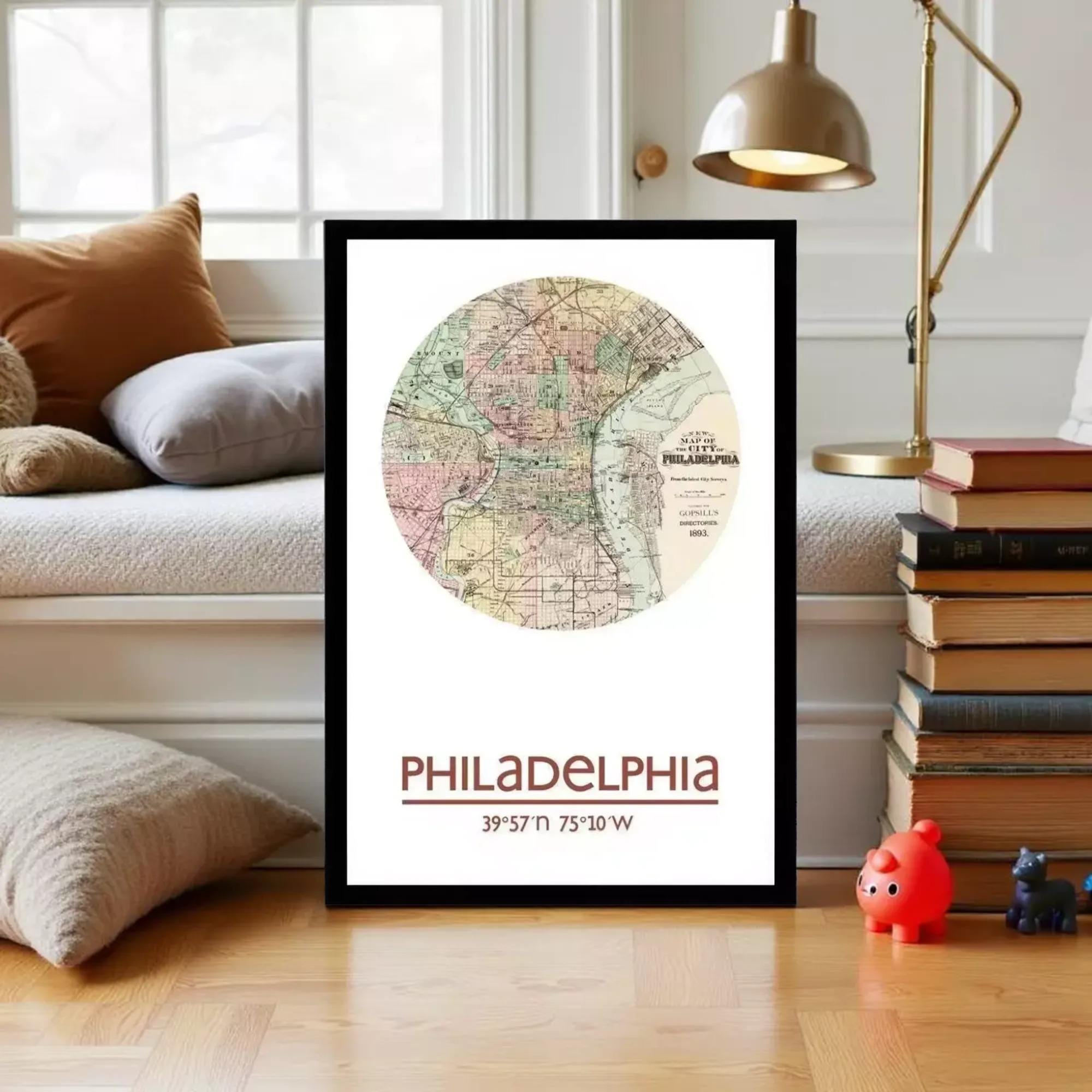A framed map of Philadelphia, with the city's location and surrounding areas clearly visible.