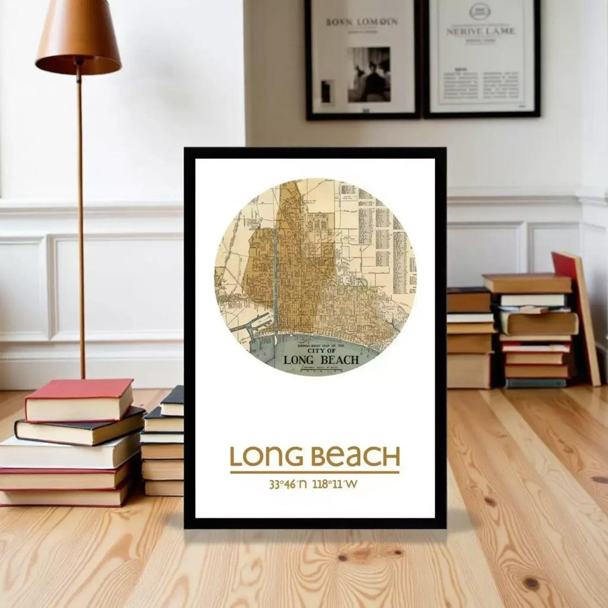 A framed map of Long Beach, California, with a vintage-style illustration of the city's layout.