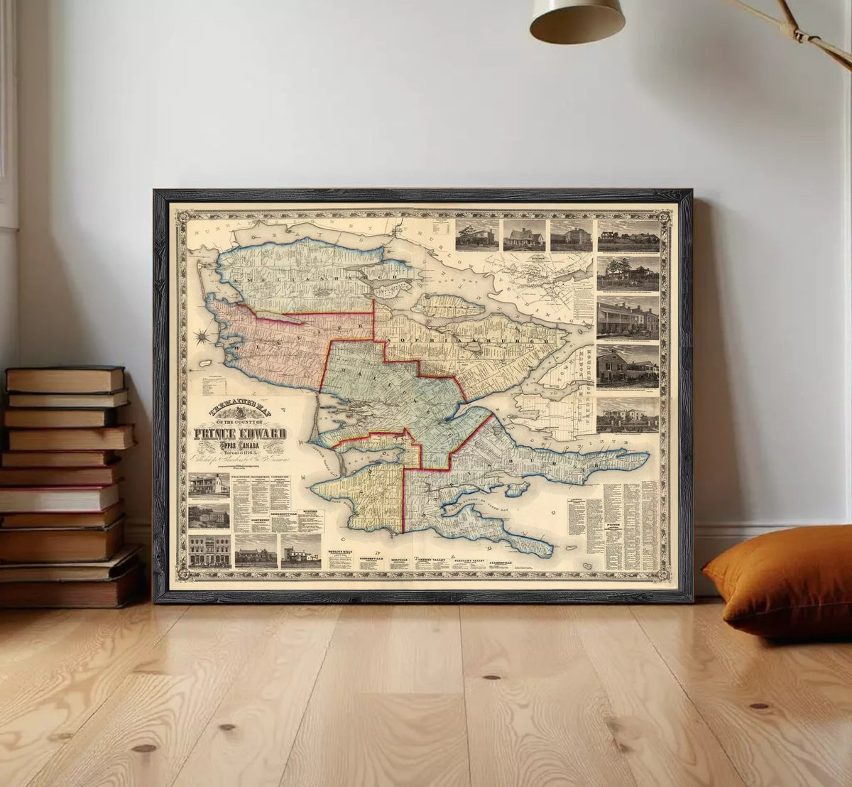 The image is a framed antique map of the Prince Edward Island, Canada, depicting the region in a vintage style.