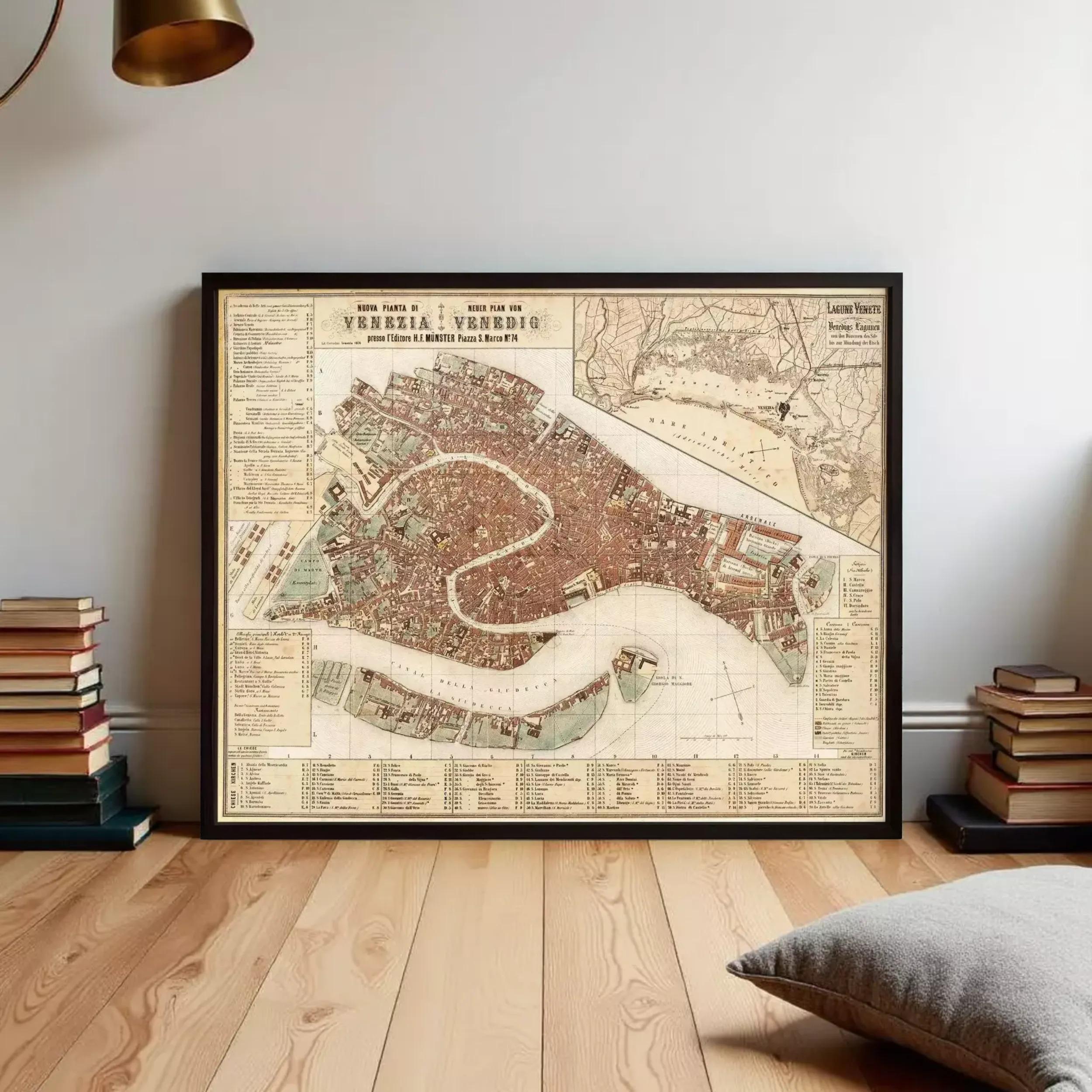 The image is a framed vintage map of Venice, Italy, depicting the city's layout and surrounding areas.