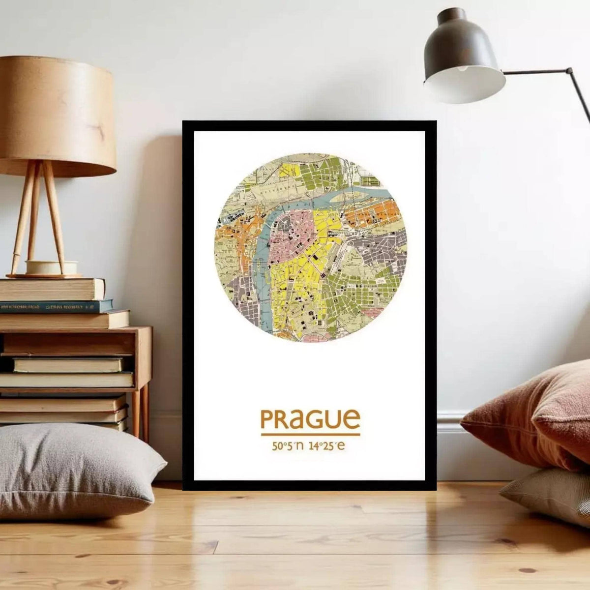 a framed map of Prague, Czech Republic, with the text "Prague" and "50° 5' 14" 5" e" below the map.