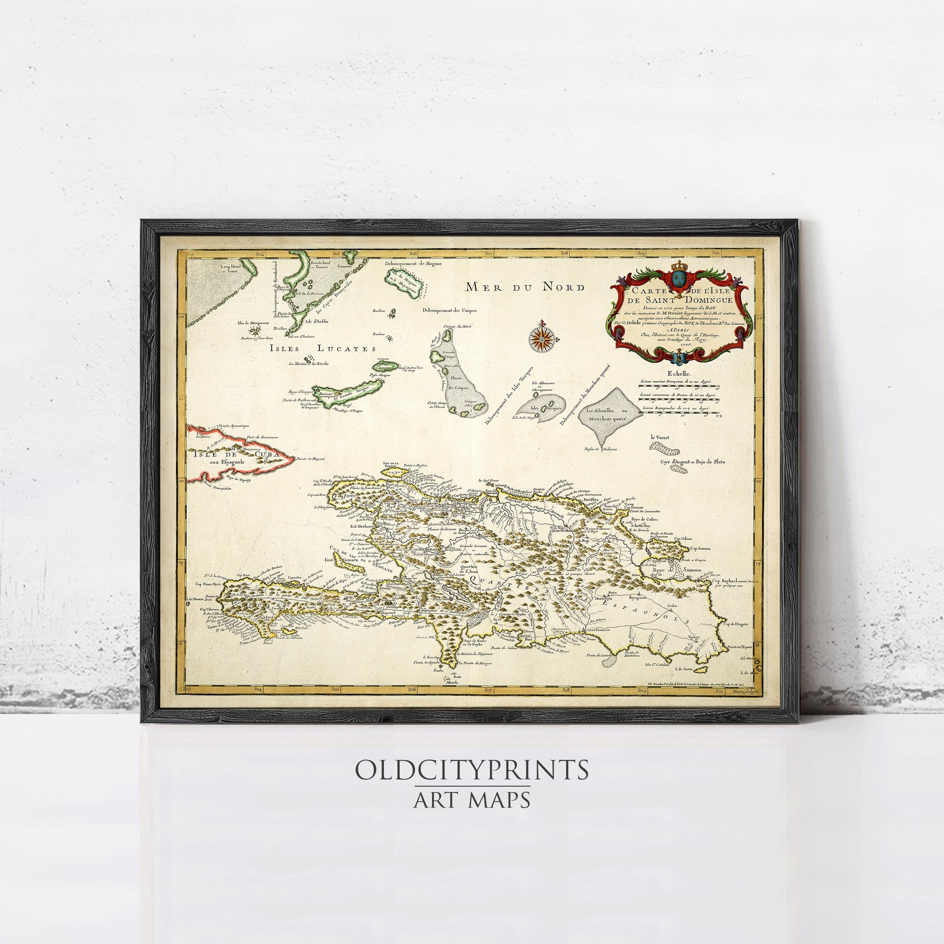The image is a framed vintage map of the Caribbean region, depicting various islands and coastlines.