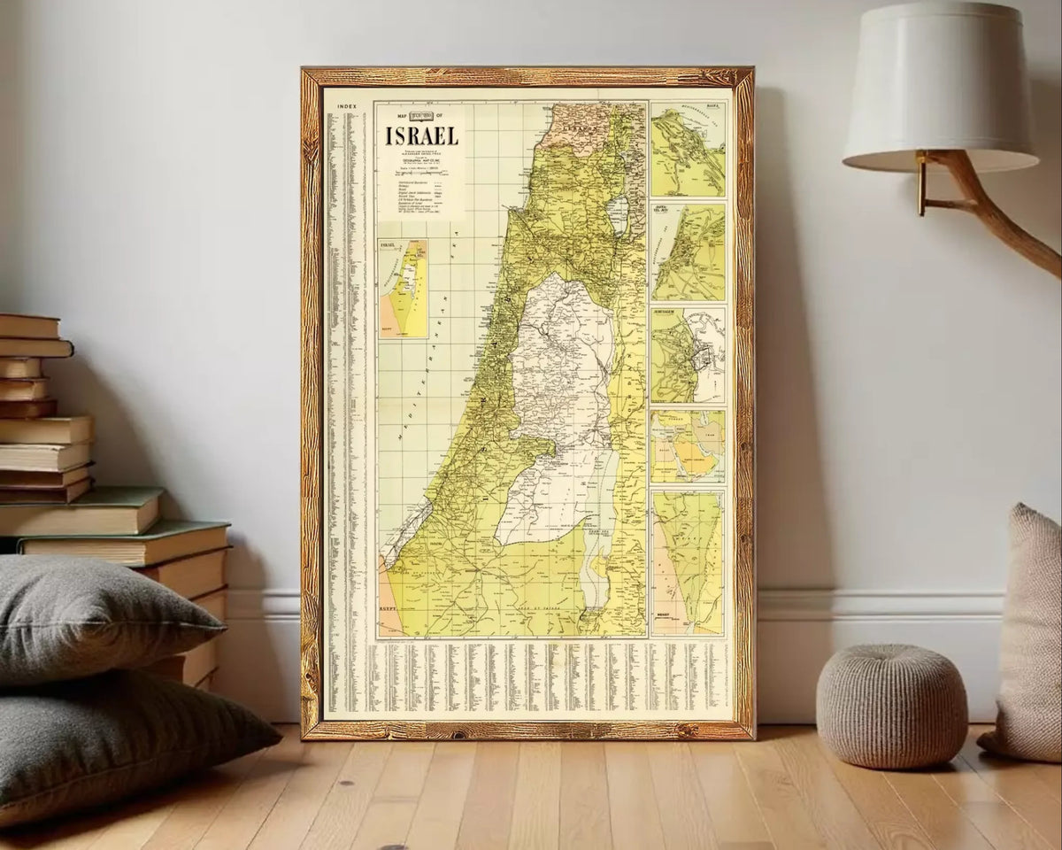 The image is a framed vintage map of Israel, showing the country's geographical layout and surrounding areas.