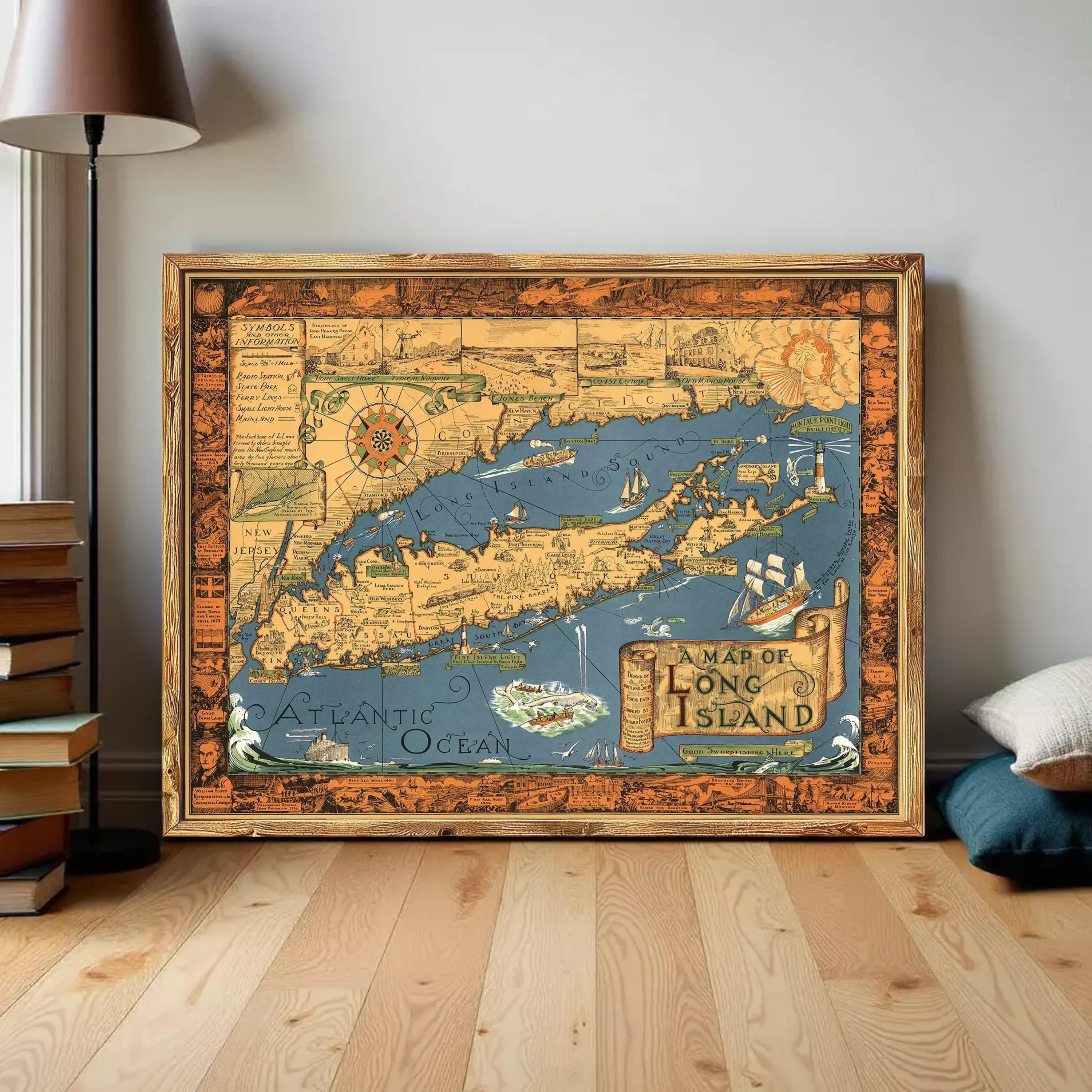 The image is a framed vintage map of the Long Island region, depicting various landmarks and geographical features.