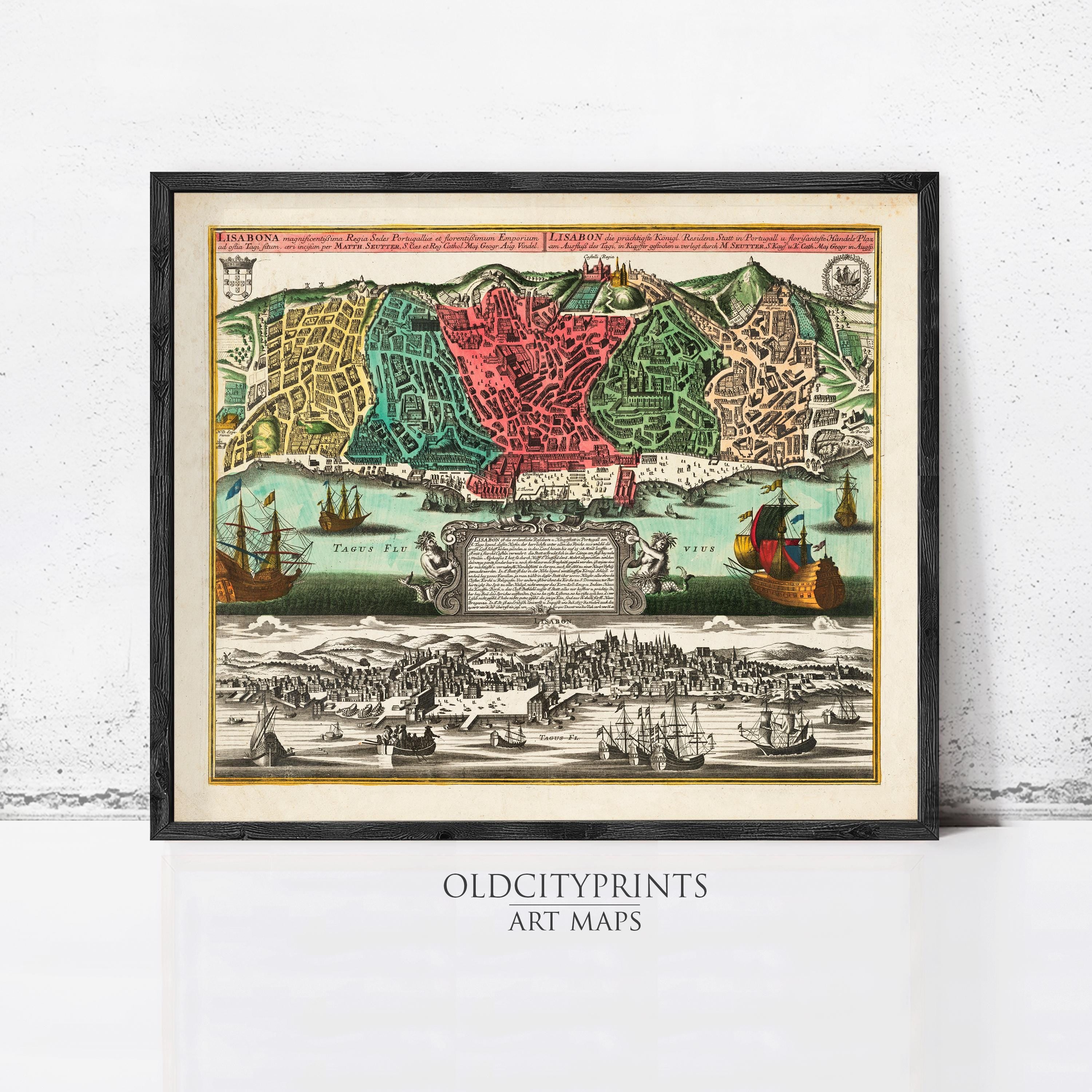 The image is a framed vintage map depicting a city with ships and boats in the foreground, and a mountainous landscape in the background.