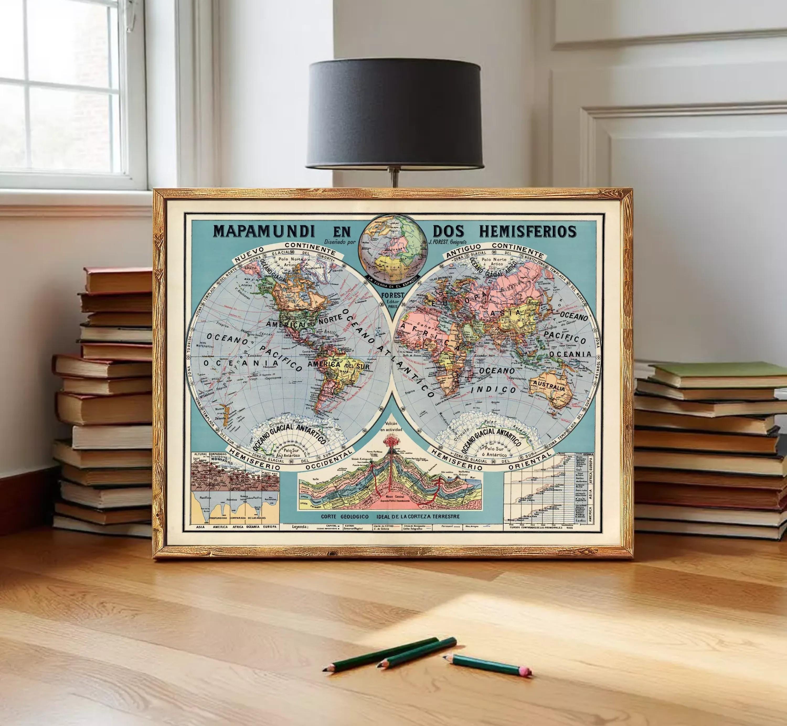 The image is a framed vintage map of the world, depicting hemispheres and continents.