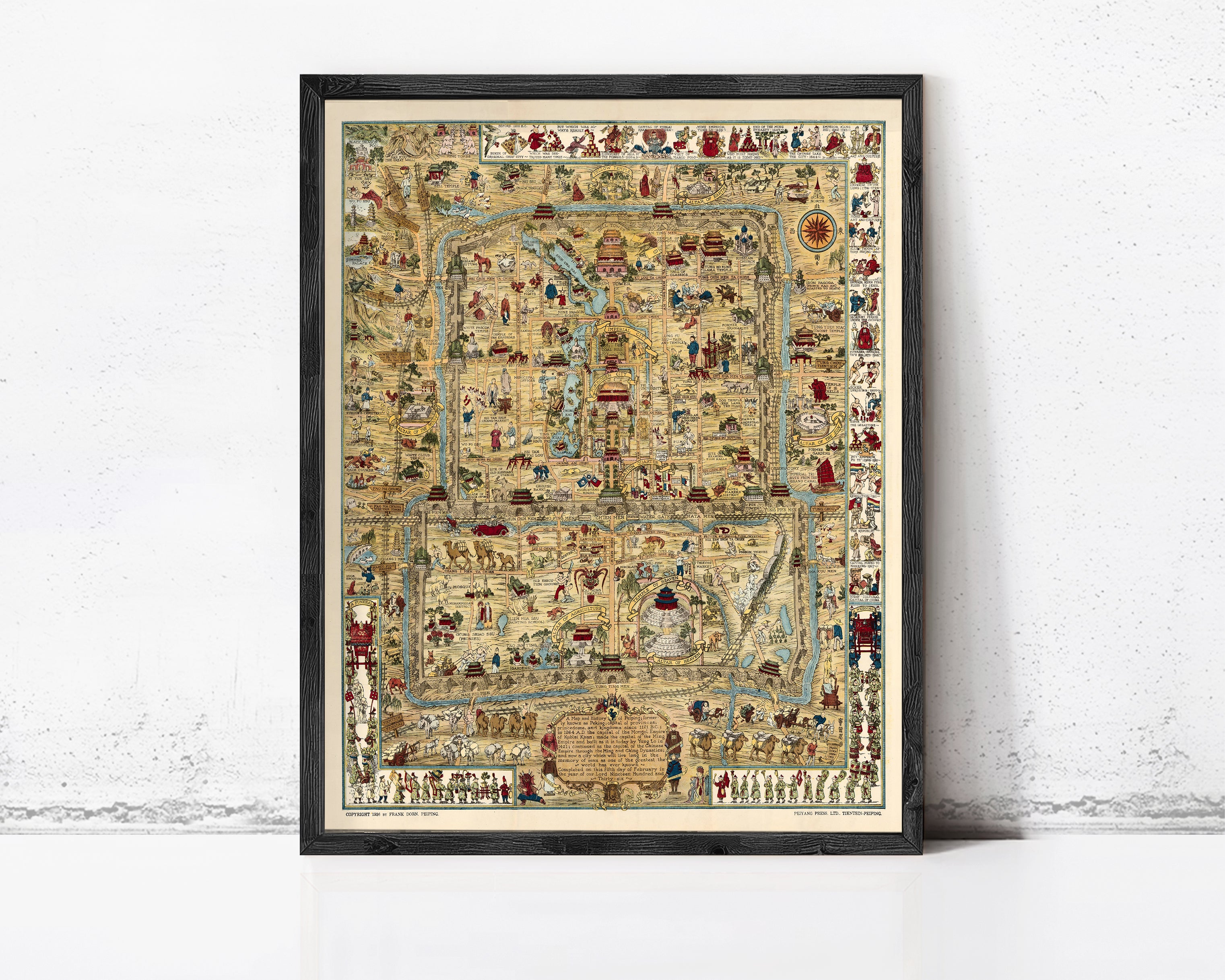 The image is a framed map with various illustrations and symbols, including people, animals, and landmarks, all depicted in a detailed and intricate manner.