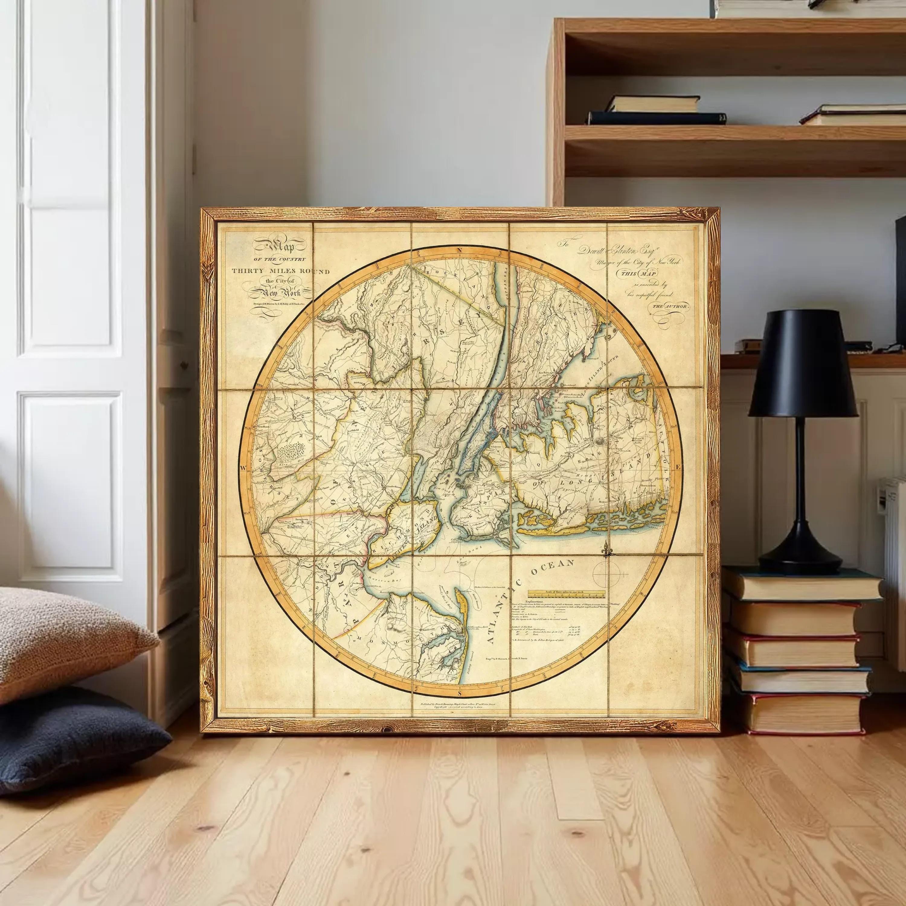 The image is a framed vintage map of the United States and parts of Canada, depicting the country's geographical layout and major cities.
