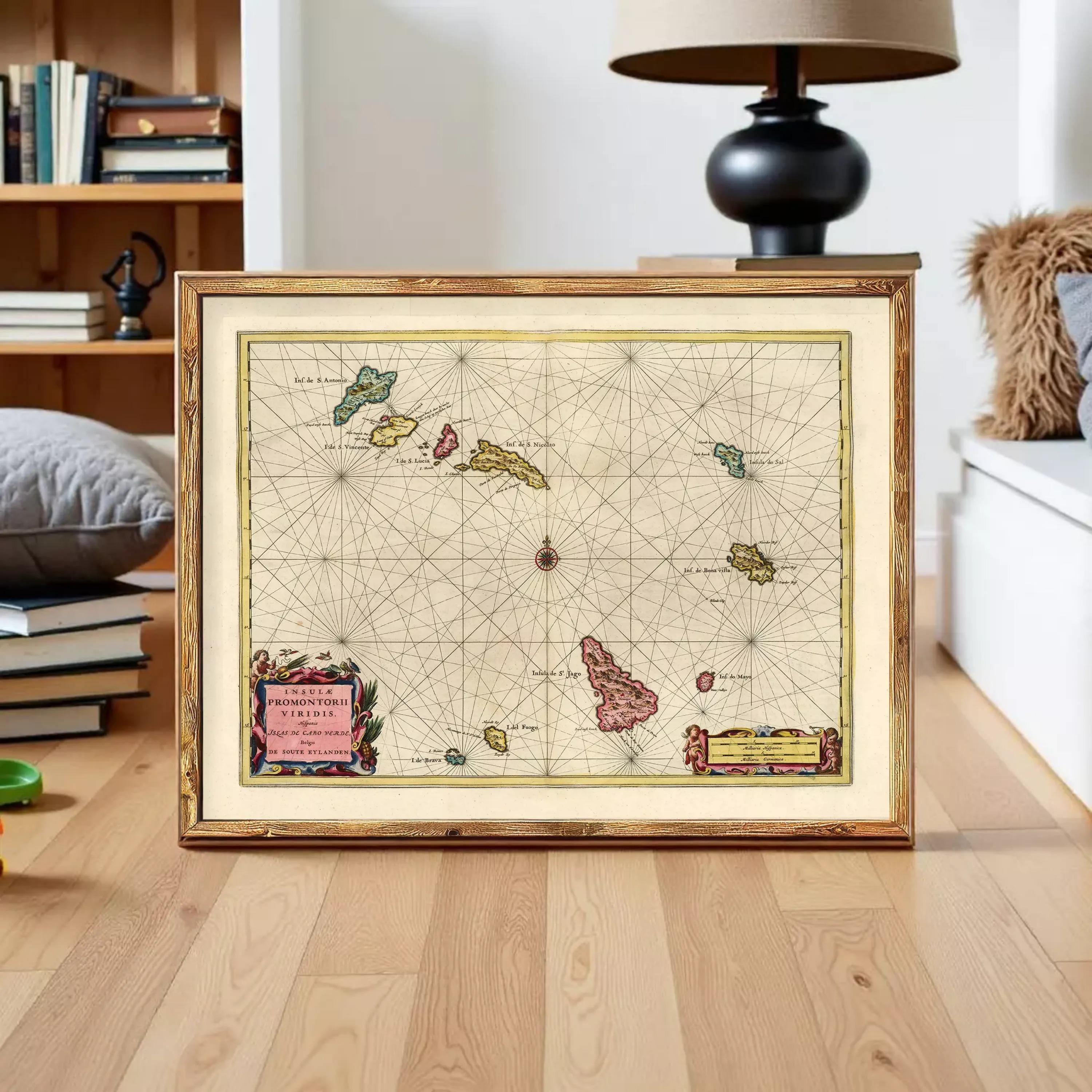 a framed map of the Polynesia region, including the Hawaiian Islands, displayed on a wooden floor in a living room setting.