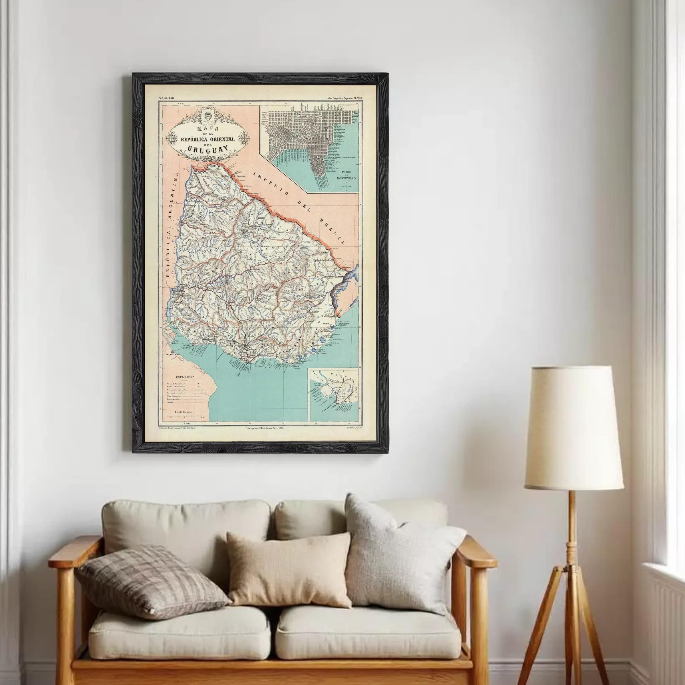 The image is a framed vintage map of the island of OREGON, displaying geographical information and coastlines.