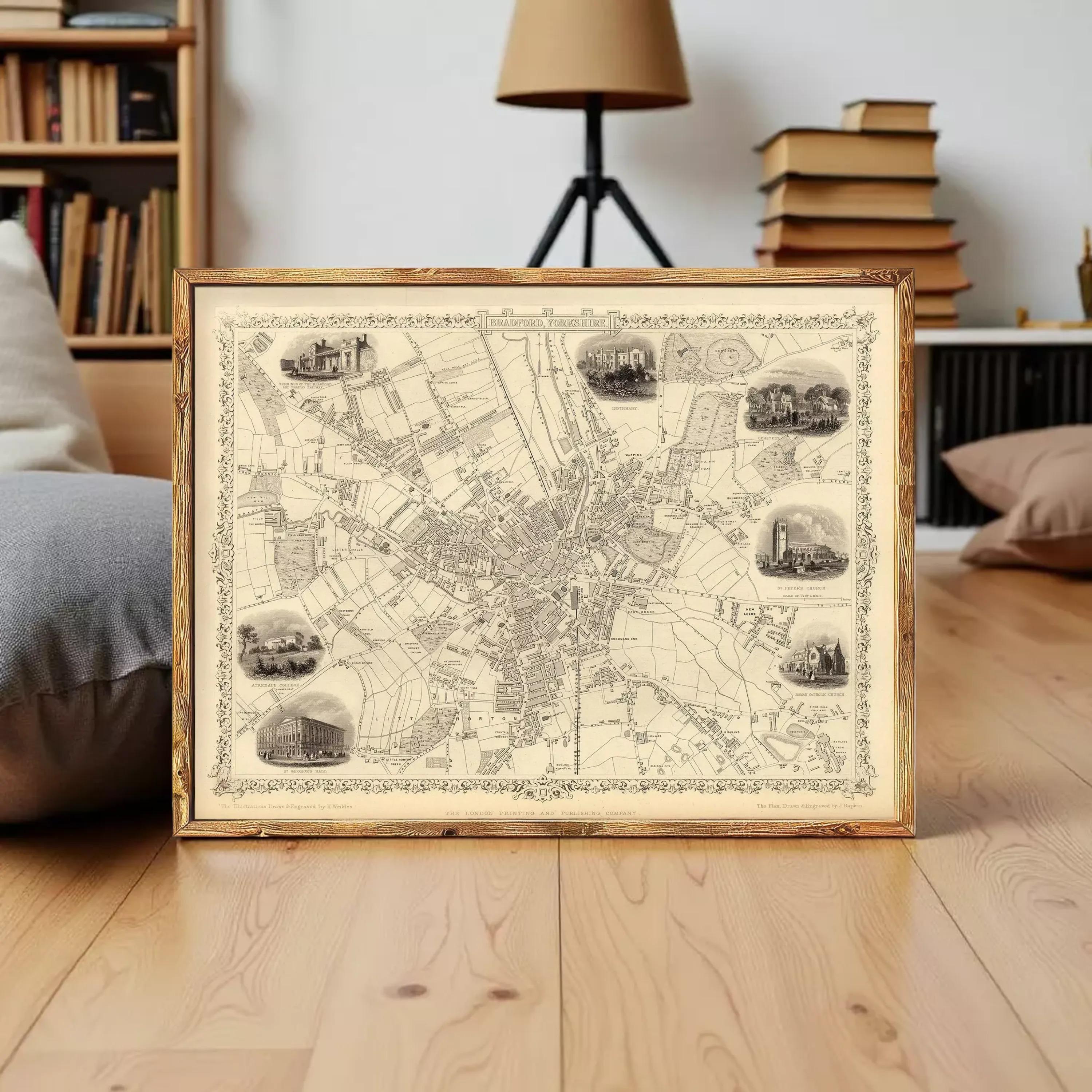 The image is a framed antique map of a city, featuring various landmarks and streets depicted in black and white.