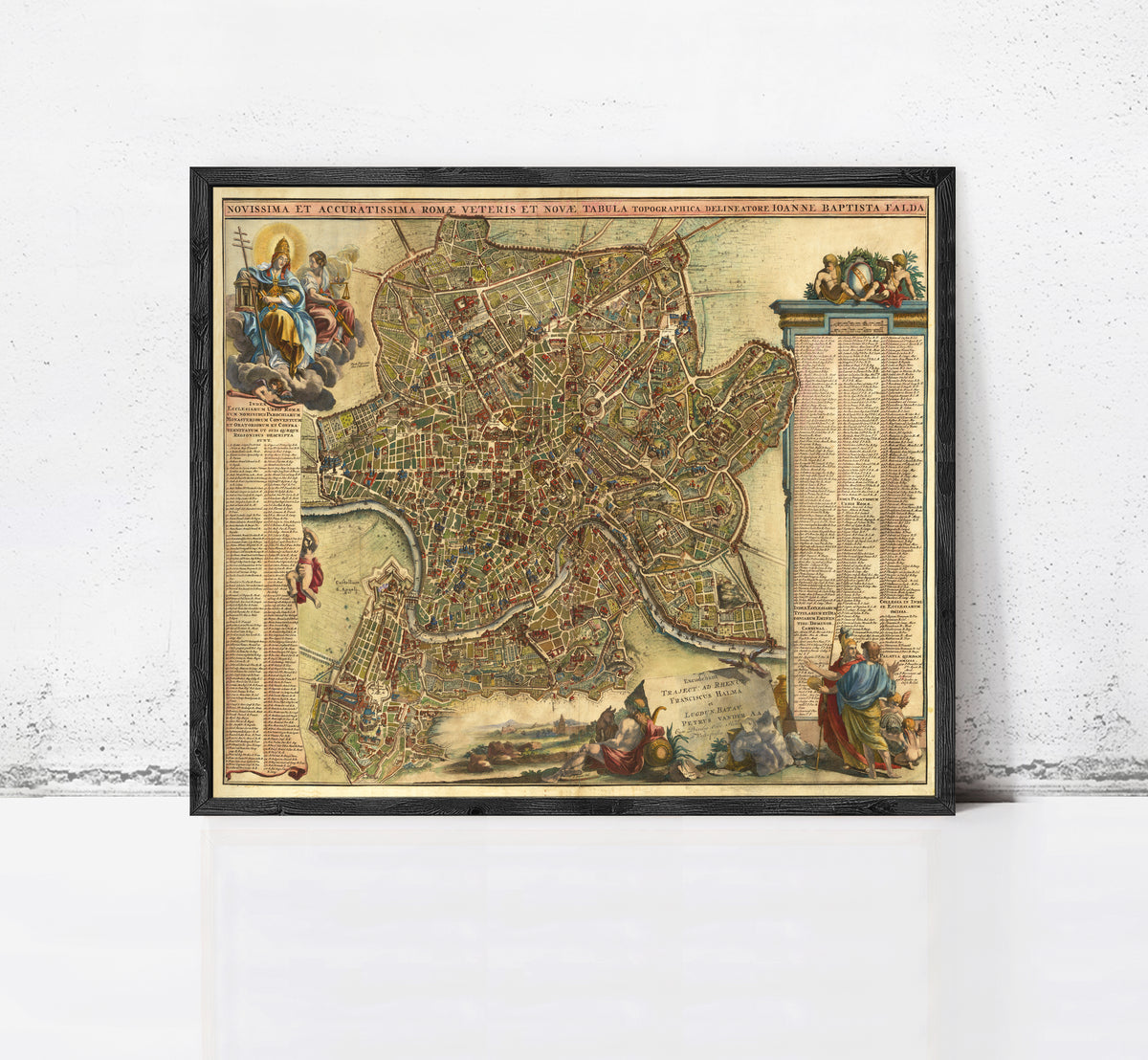 The image is a framed antique map of Rome, Italy, depicting the city's layout and surrounding areas.