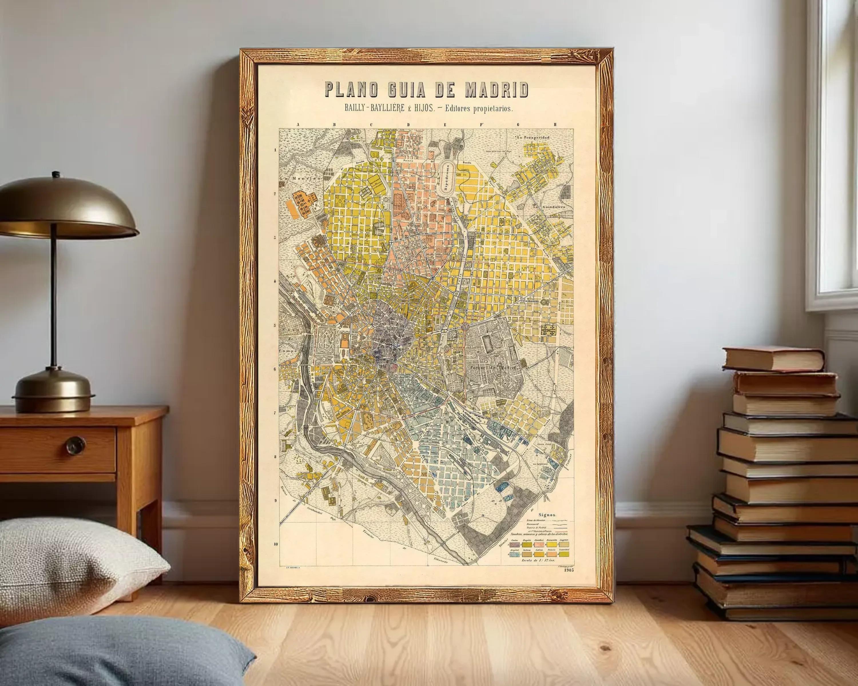 The image is a framed vintage map of Madrid, Spain, depicting the city's layout and surrounding areas.