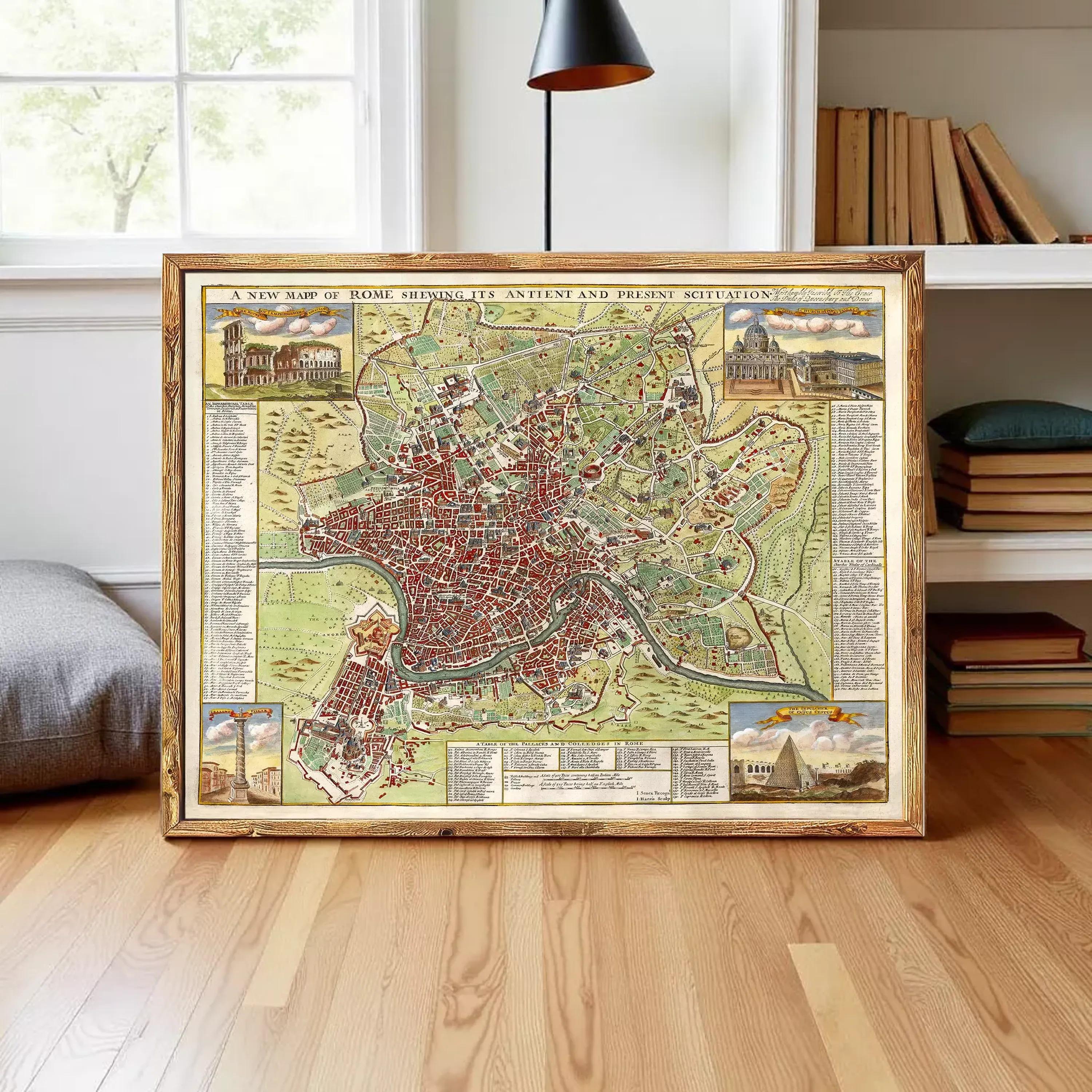 A framed map of Rome, depicting the city's ancient and modern areas, with various landmarks and locations marked.