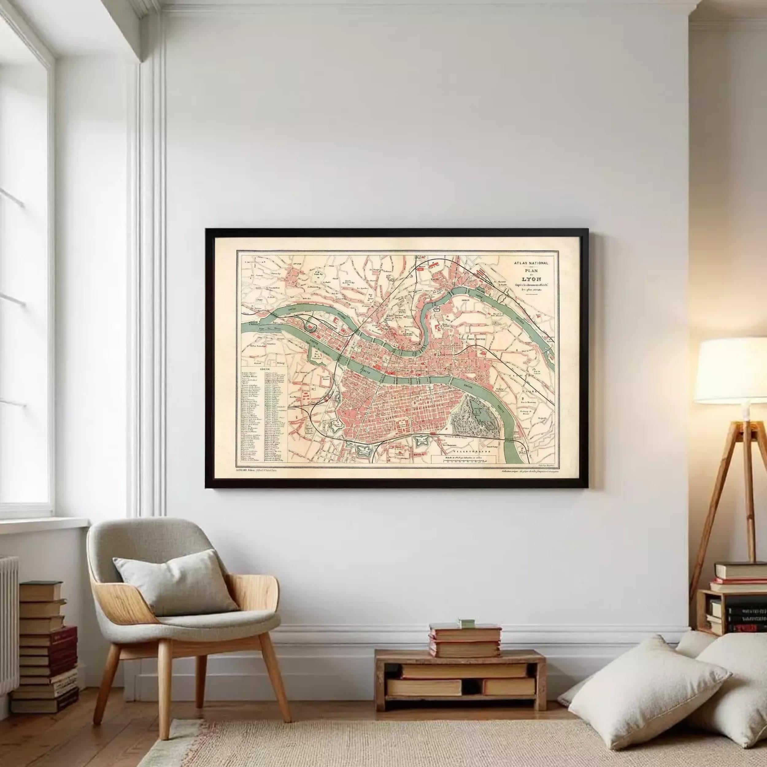 The image is a framed vintage map of a city, likely London, with a detailed layout of streets, landmarks, and surrounding areas.