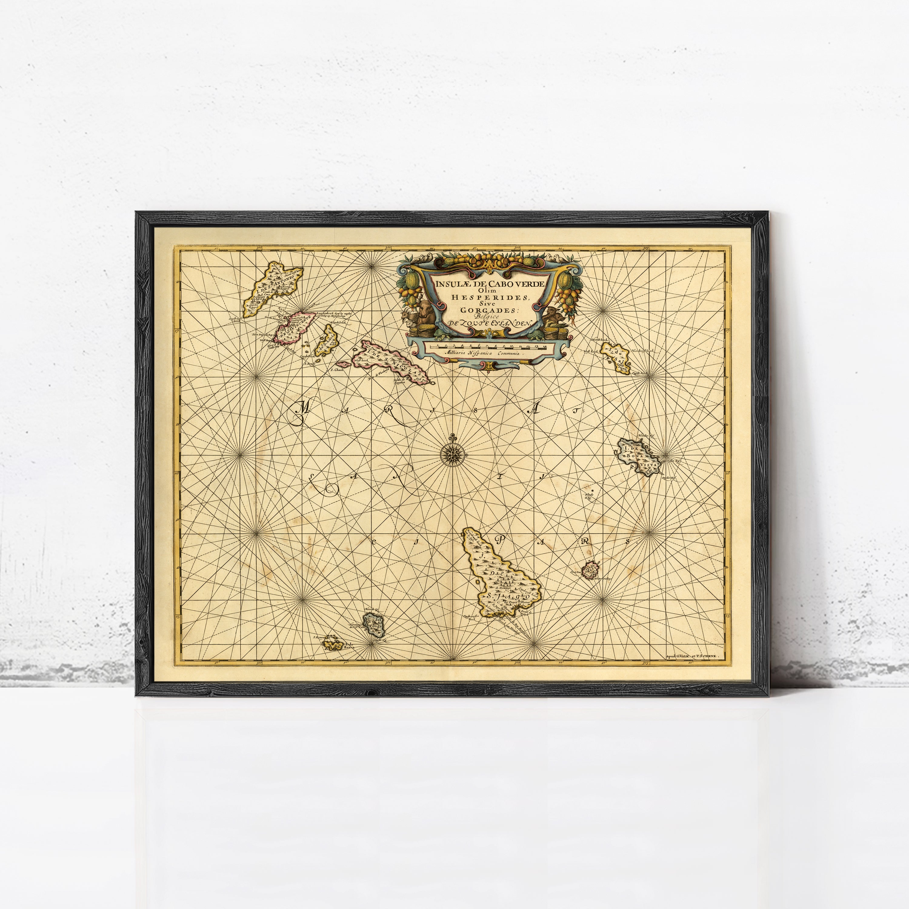 The image is a framed map of the Caribbean region, featuring various islands and coastlines.