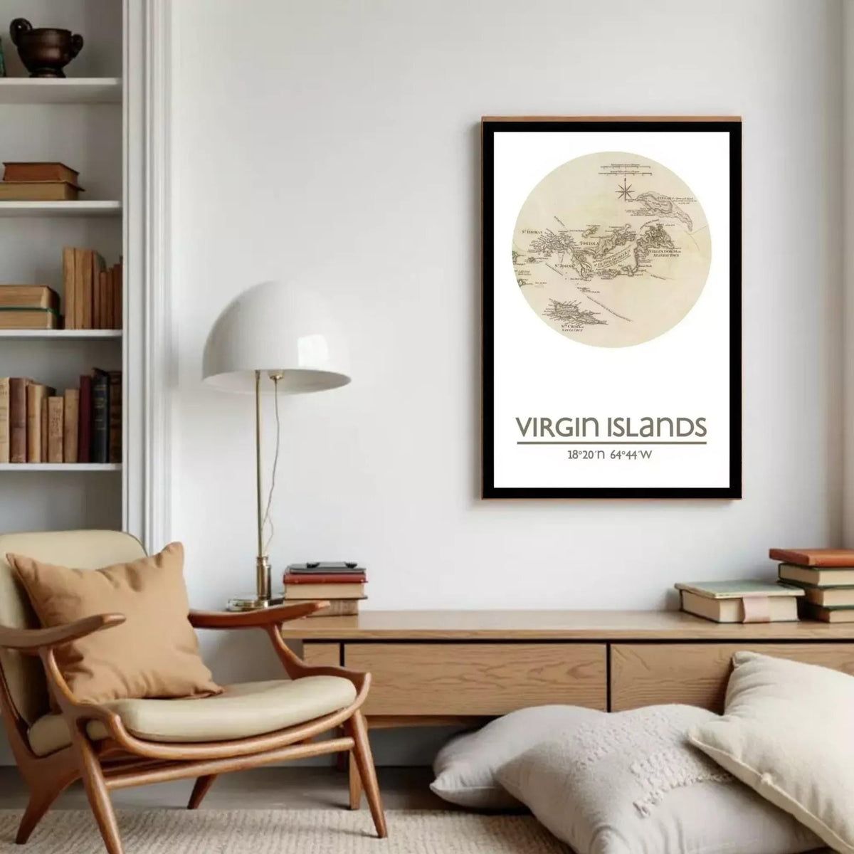 A framed map of the Virgin Islands, with the text "VIRGIN ISLANDS" and the date "18/20/17 64°44'W" printed on it.
