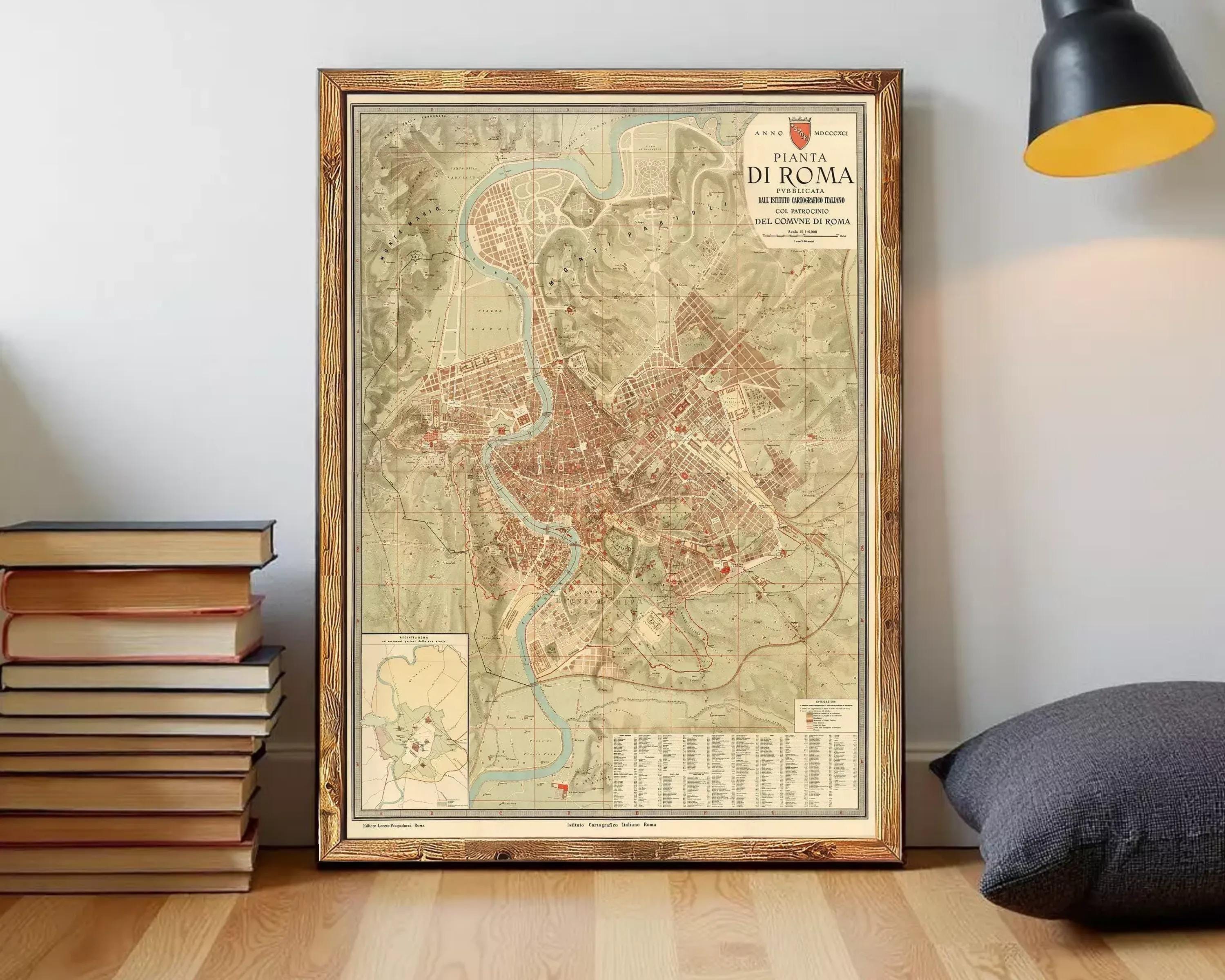 The image is a framed map of the city of Rome, Italy, depicting the layout and surrounding areas.